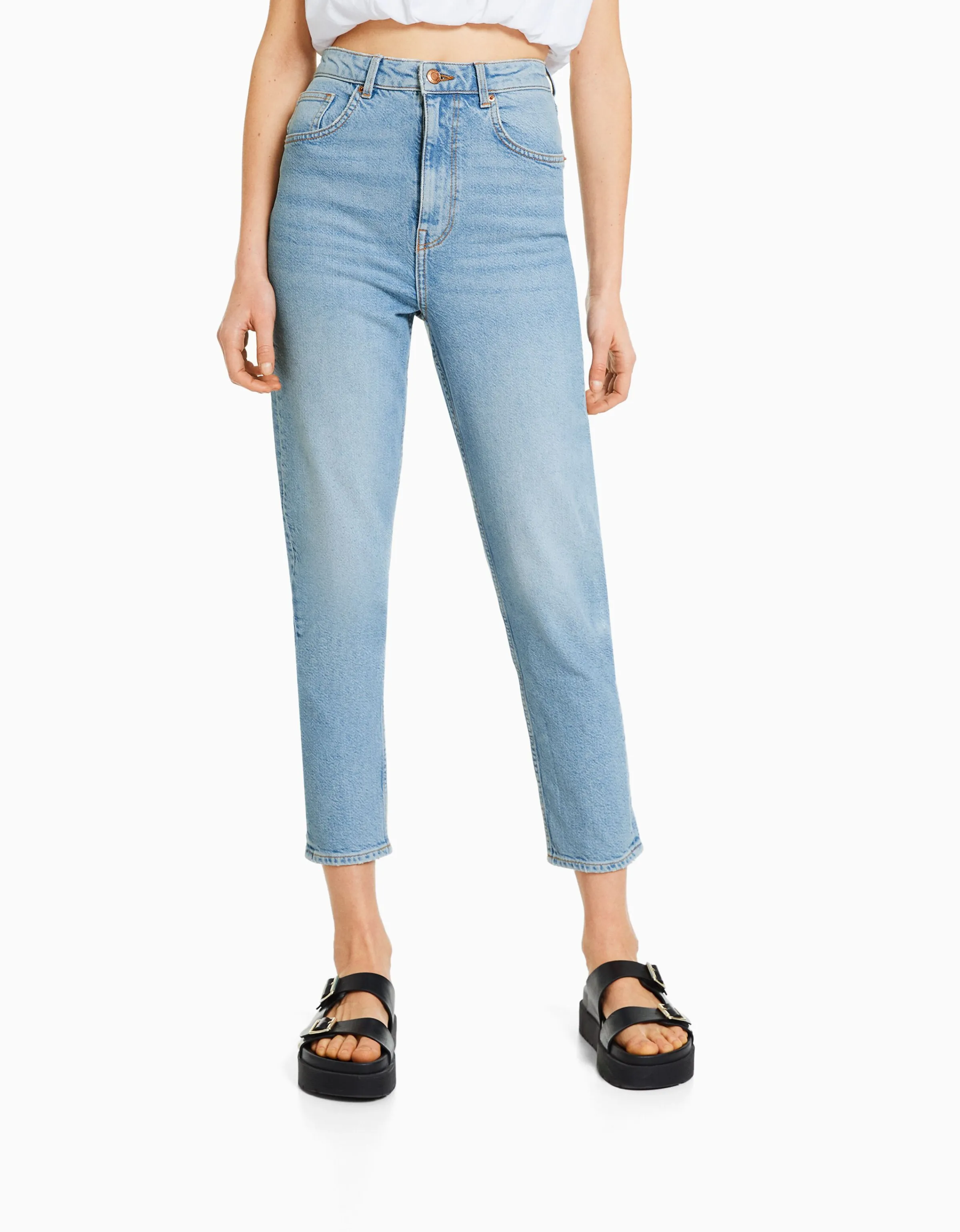 BERSHKA Jeans mom slim confort Azul lavado Best Sale