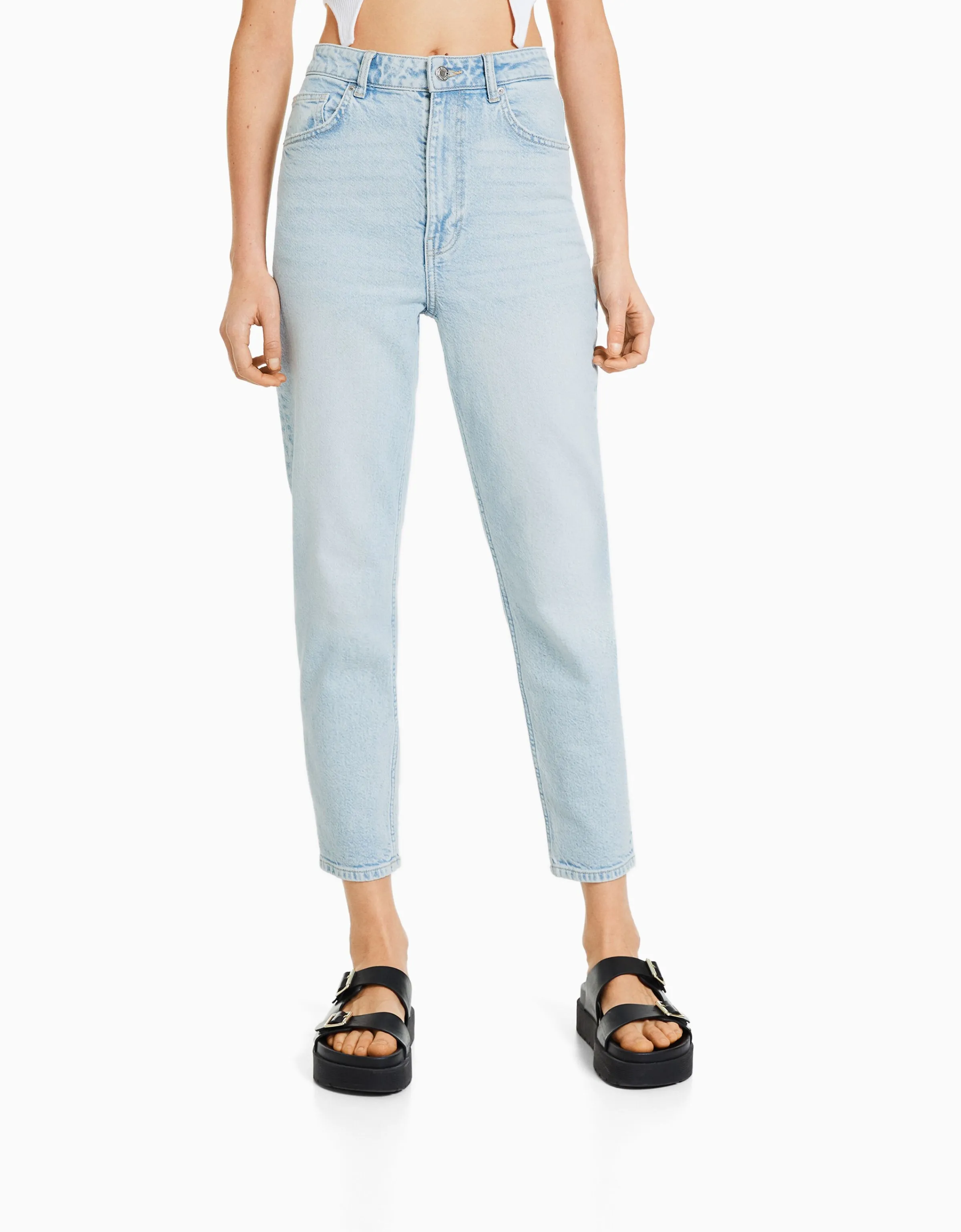 BERSHKA Jeans mom slim confort Azul lavado Flash Sale