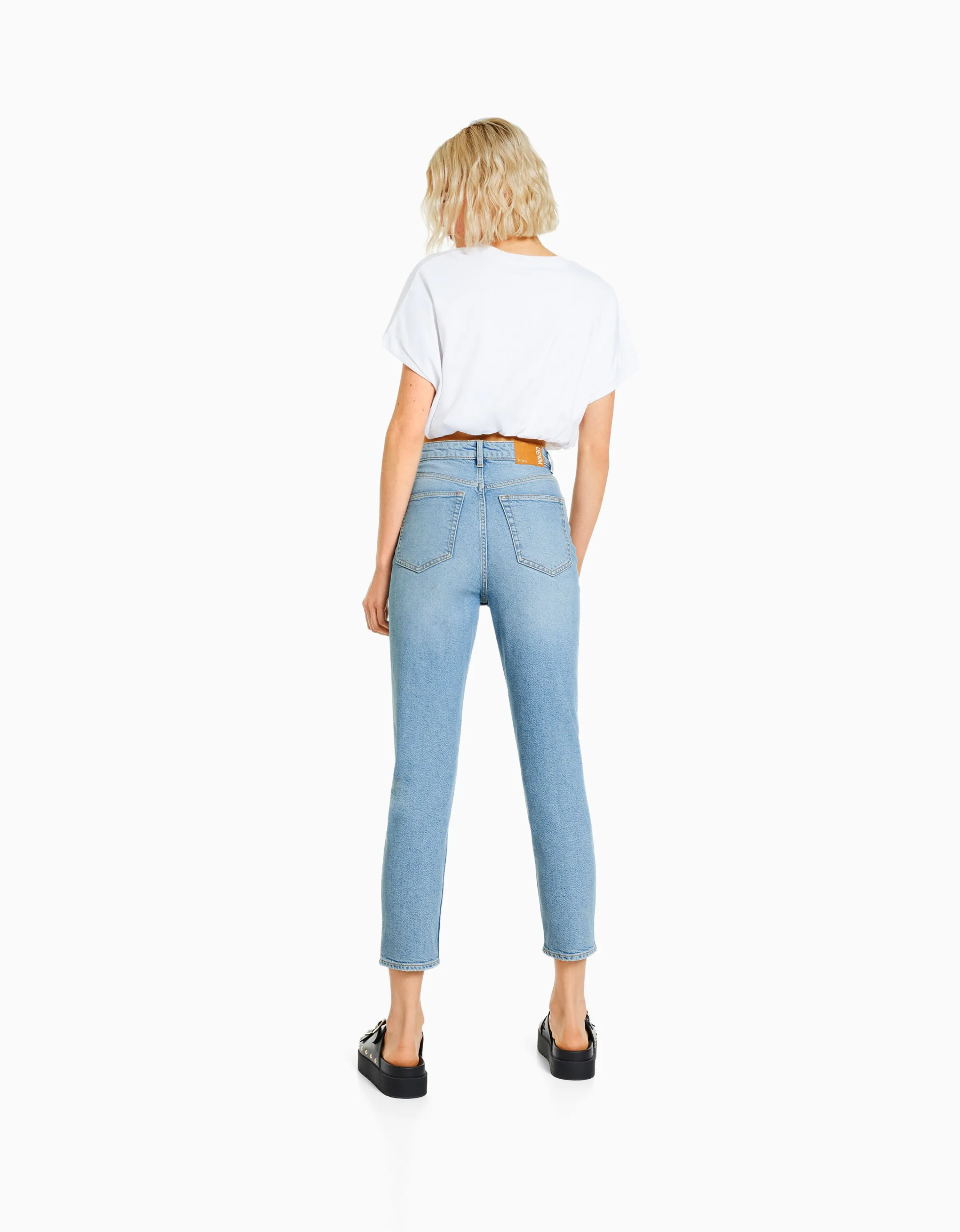 BERSHKA Jeans mom slim confort Azul lavado Best Sale