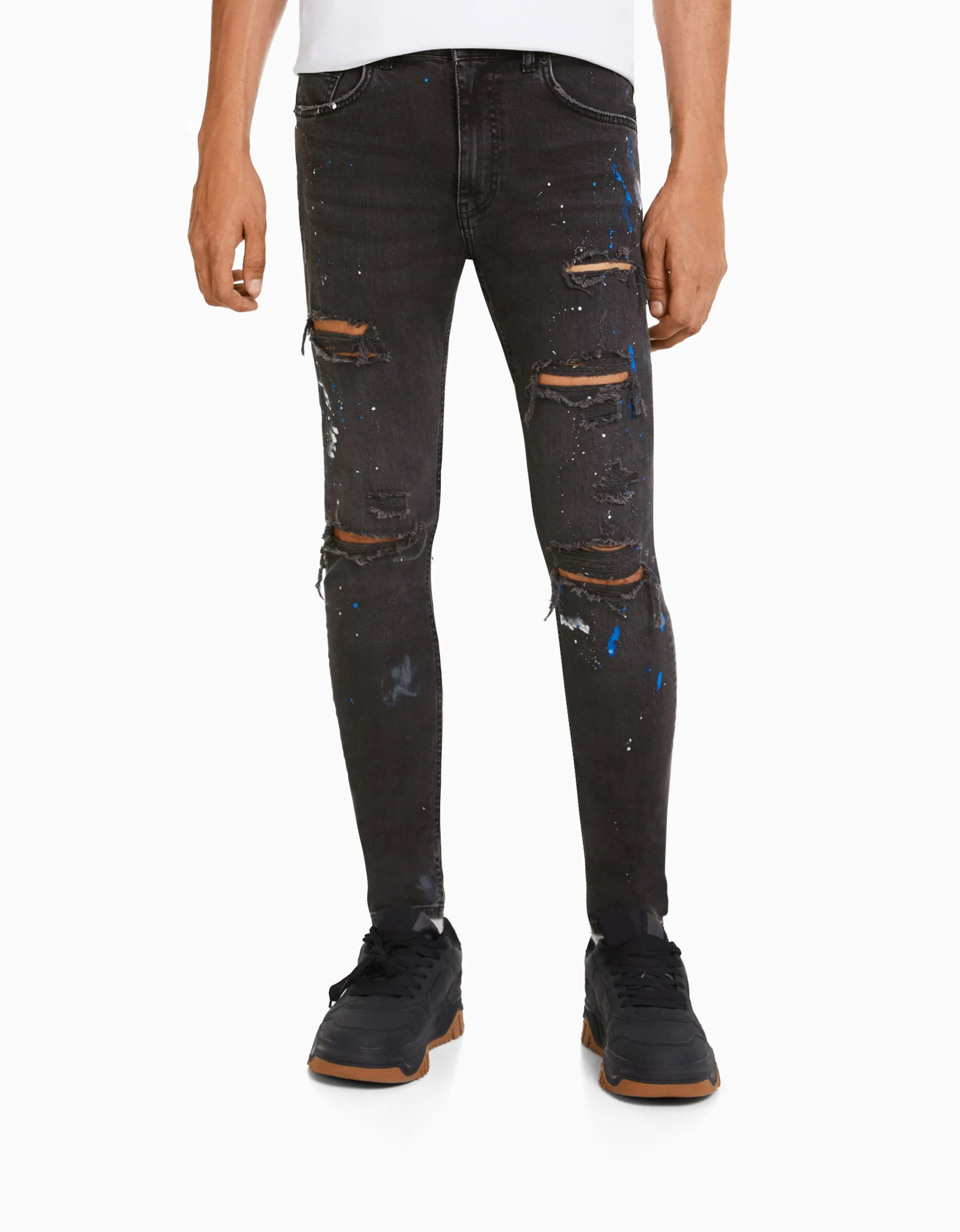 BERSHKA Jeans skinny rotos pintura Azul lavado Discount