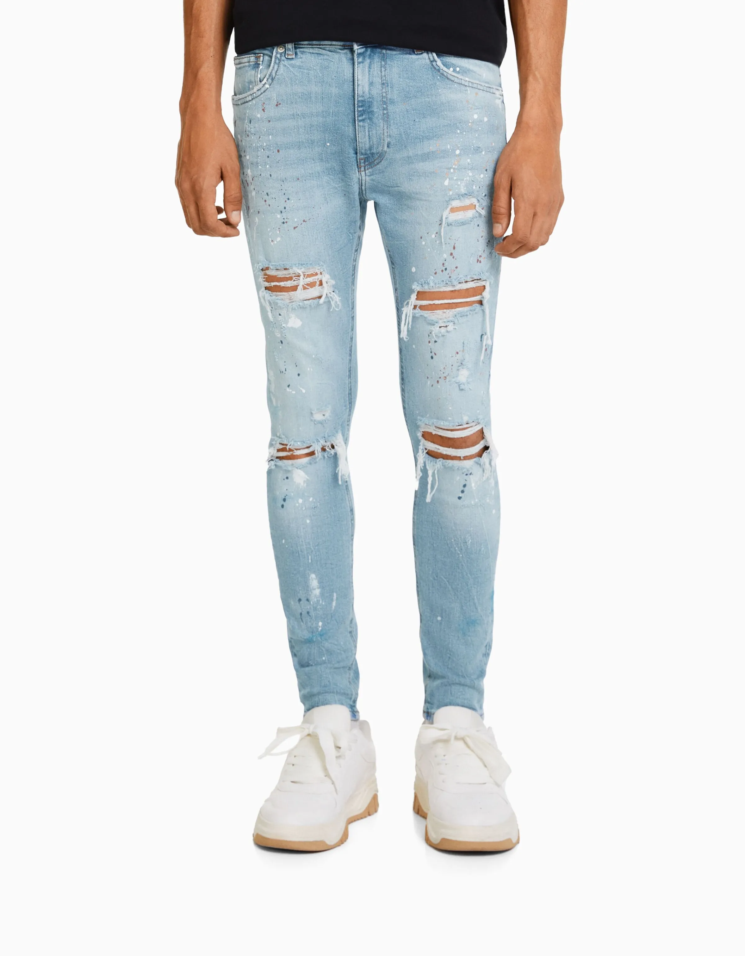 BERSHKA Jeans skinny rotos pintura Azul lavado Best Sale