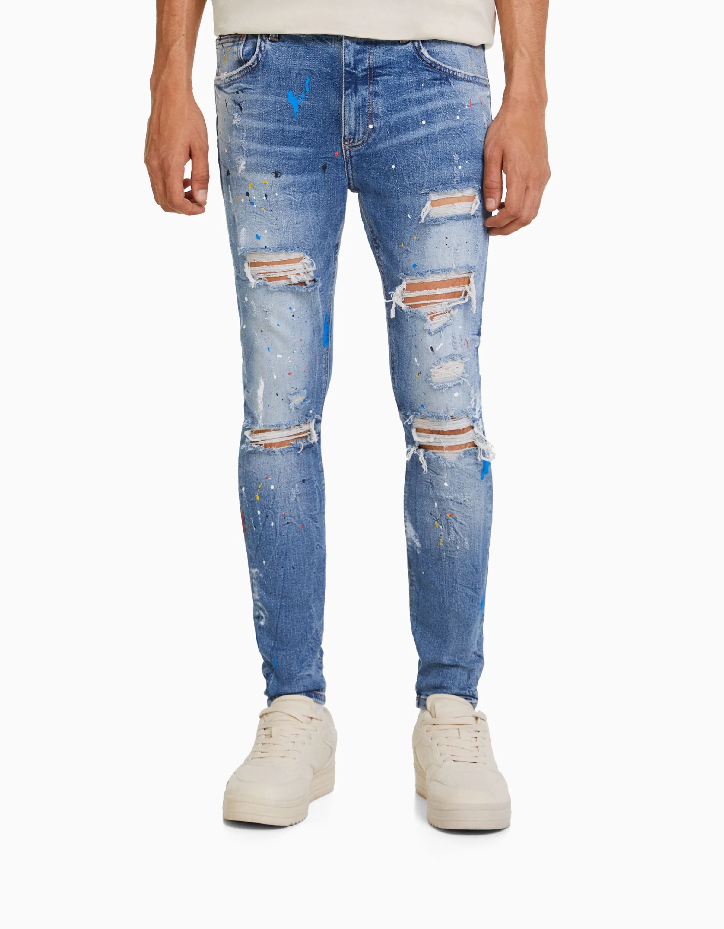 BERSHKA Jeans skinny rotos pintura Azul lavado Best Sale