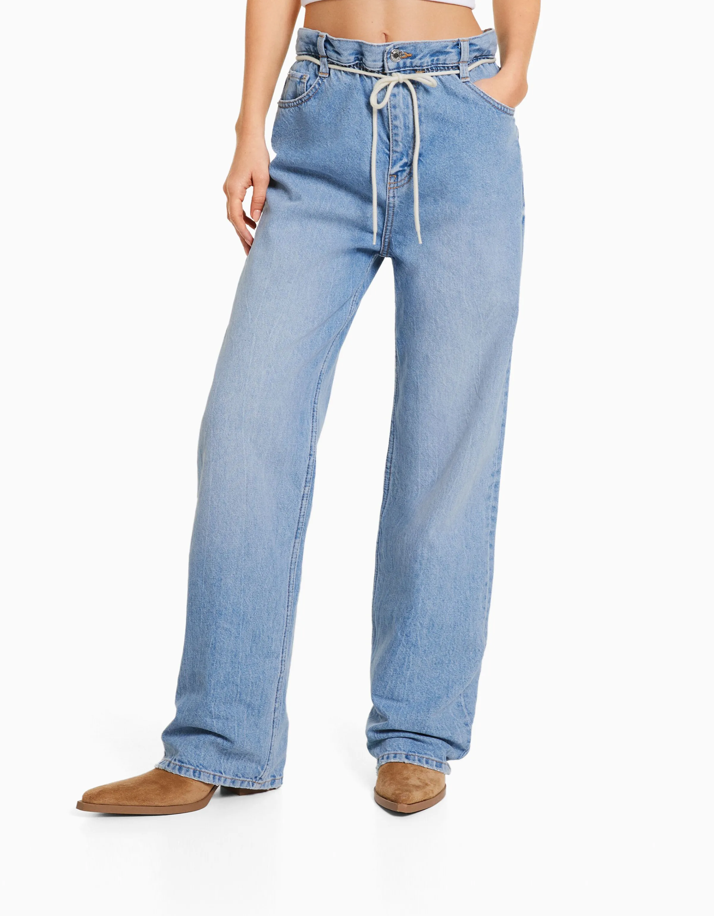 BERSHKA Jeans straight cintura elástica Azul lavado Best