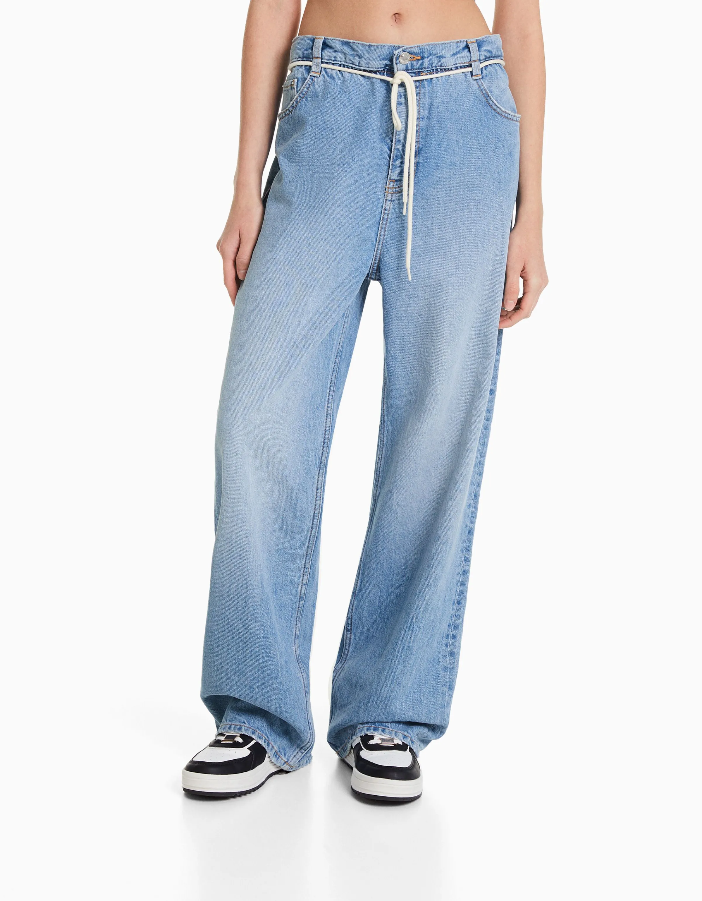 BERSHKA Jeans straight cintura elástica Azul lavado Fashion