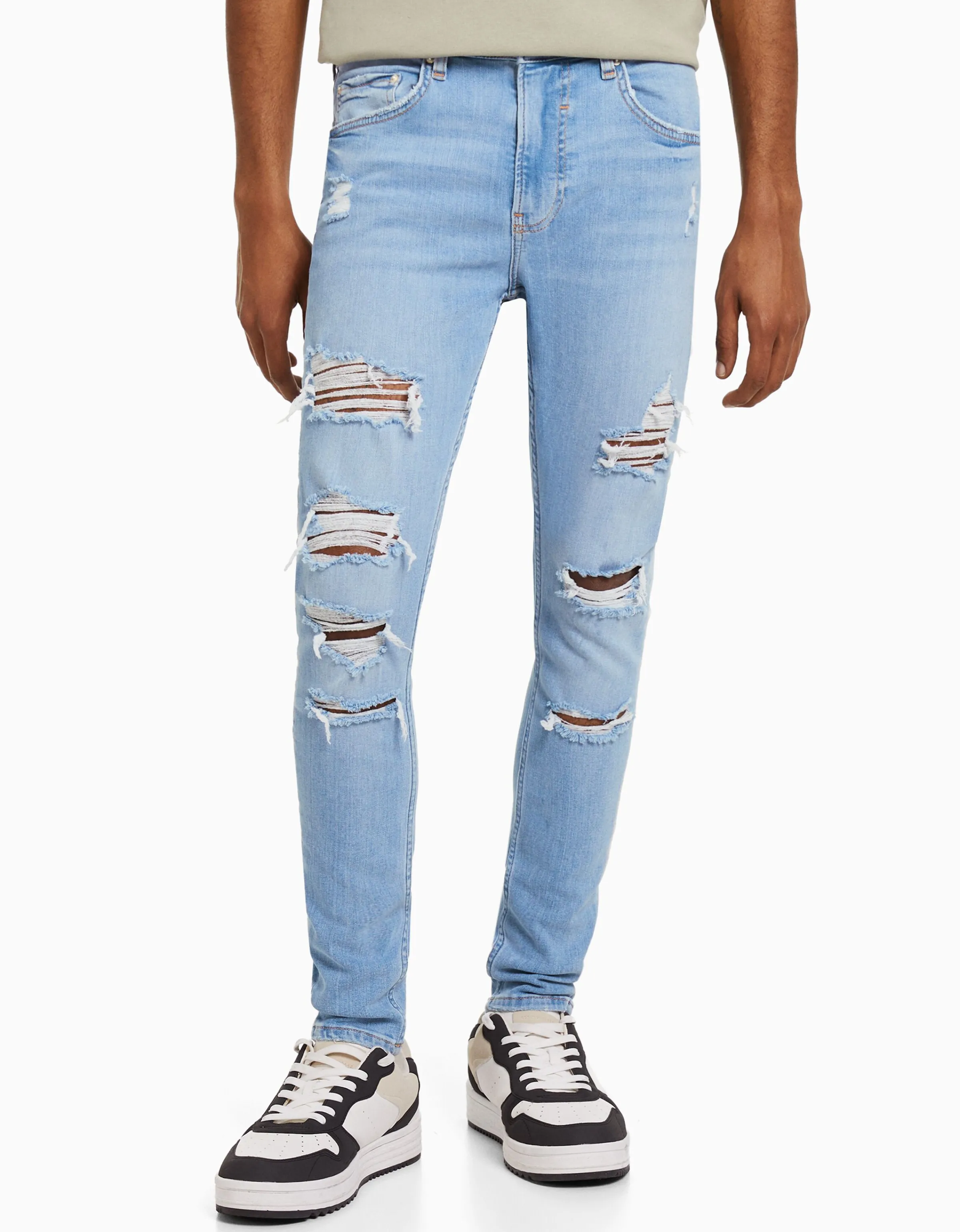 BERSHKA Jeans super skinny rotos Azul Discount