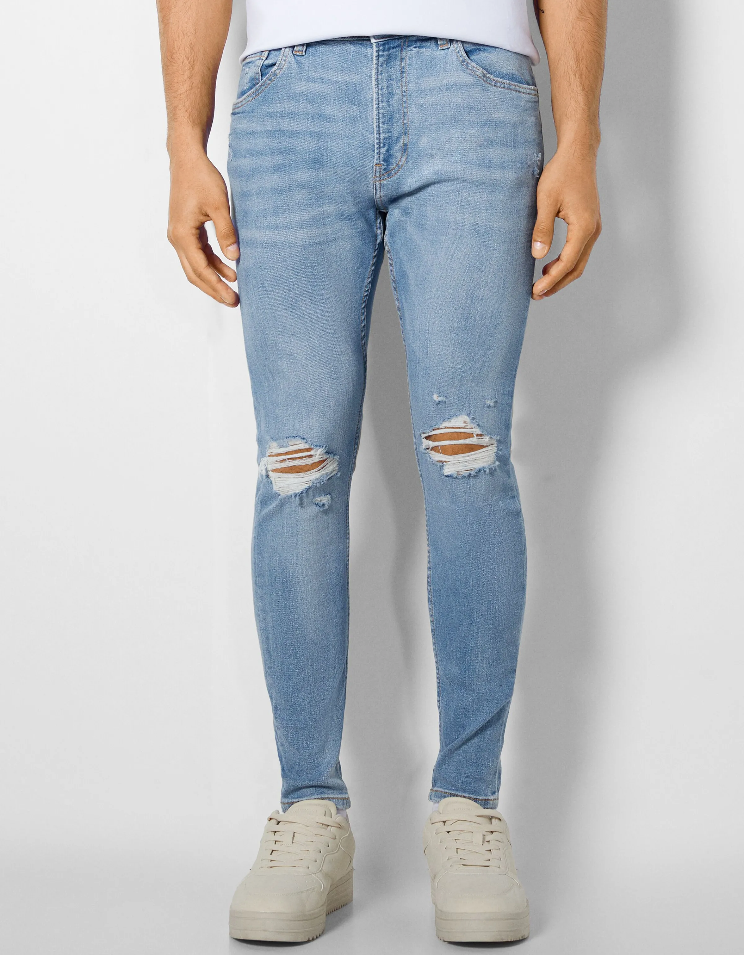 BERSHKA Jeans super skinny rotos Azul Discount