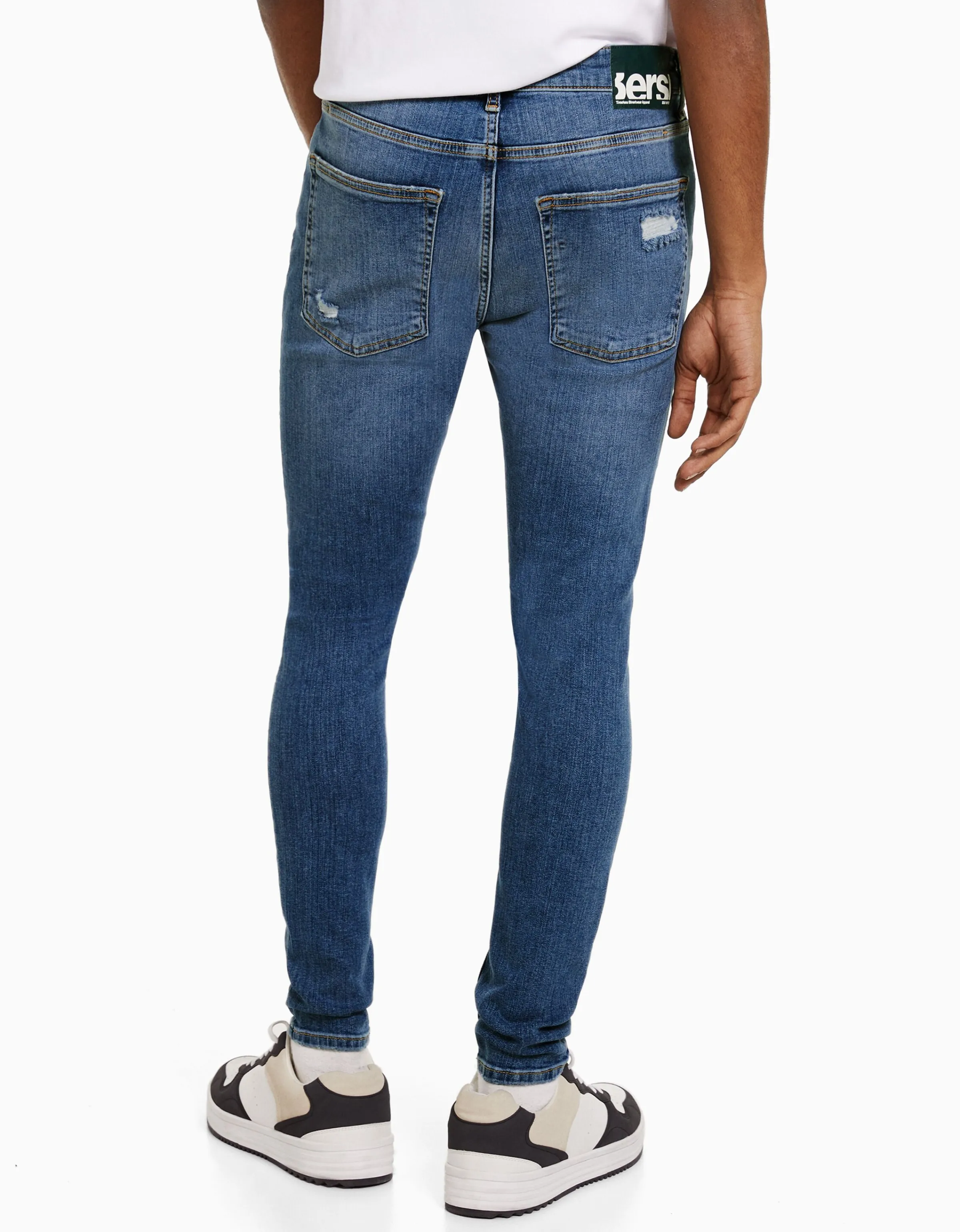 BERSHKA Jeans super skinny rotos Azul Cheap