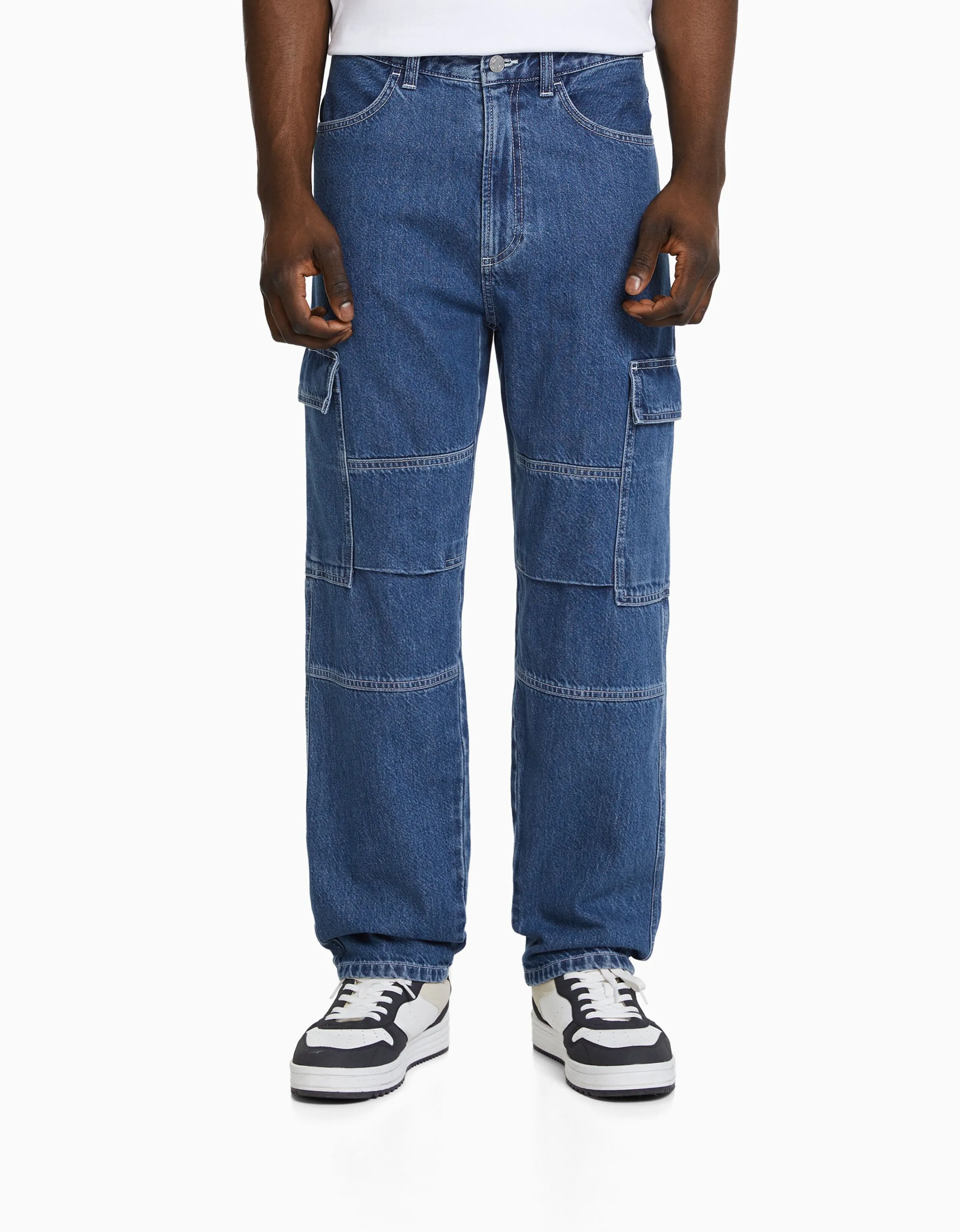 BERSHKA Jeans wide cargo Azul Best Sale