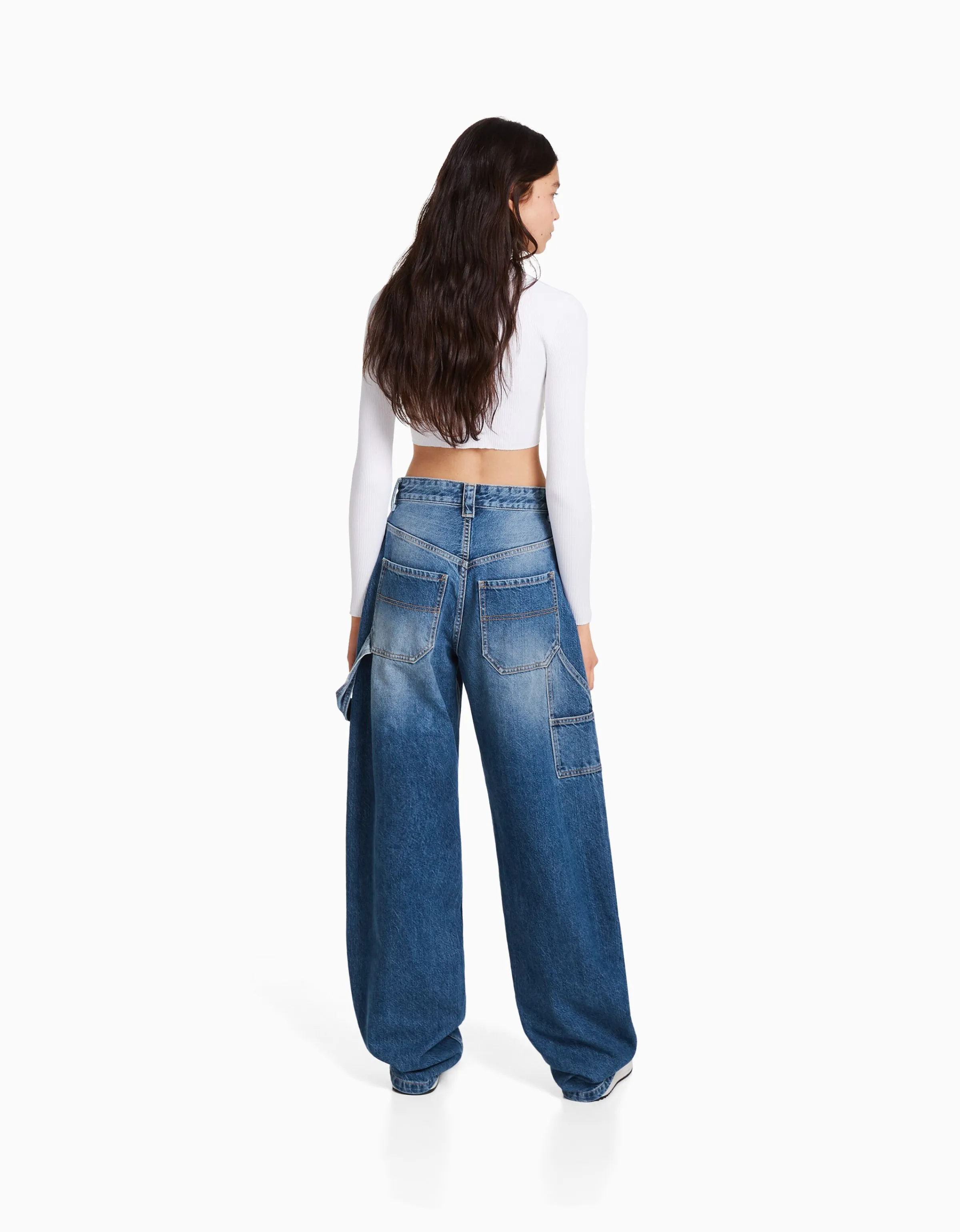 BERSHKA Jeans wide leg balloon carpenter detalle Azul lavado Online