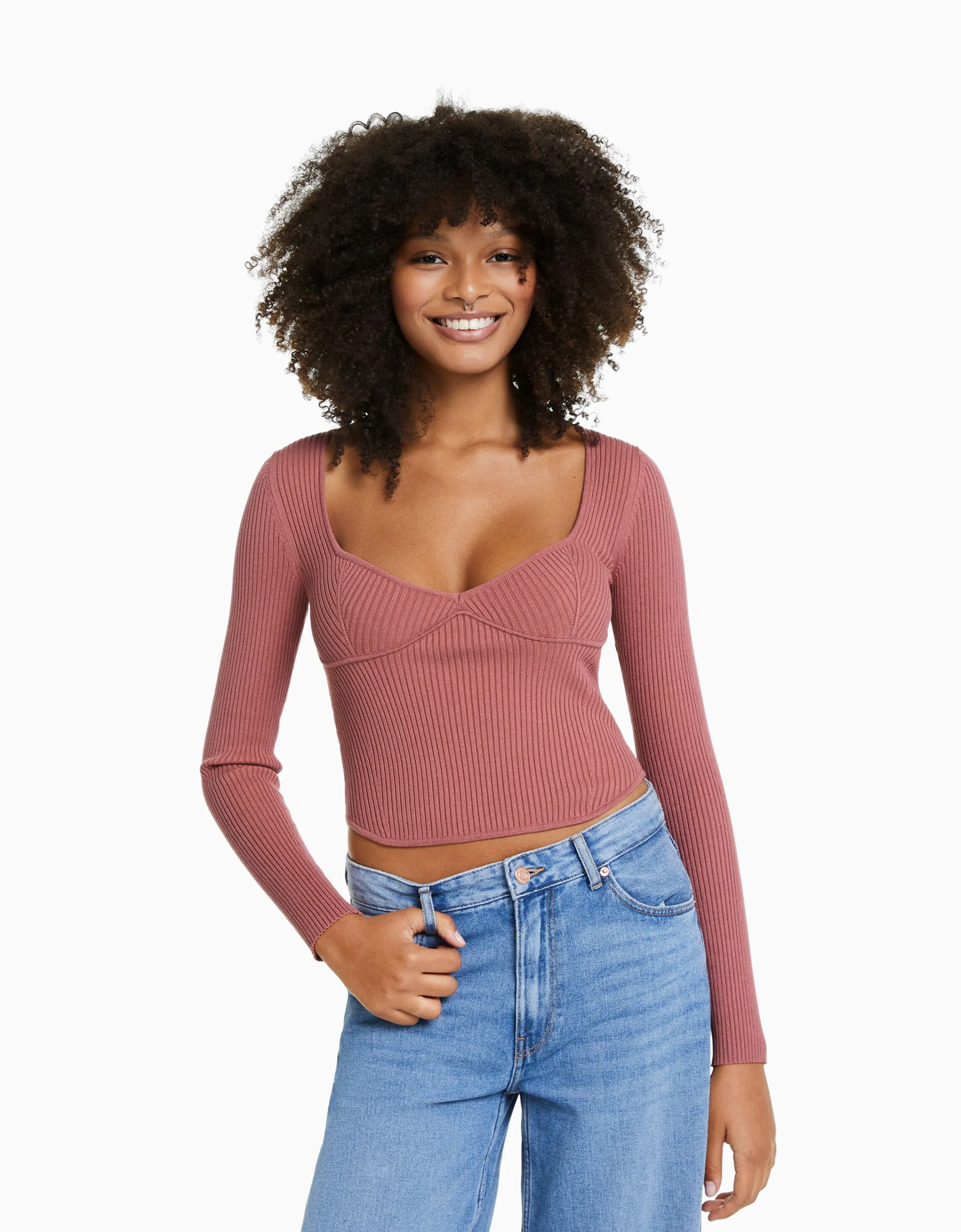 BERSHKA Jersey corsé canalé Crudo Hot