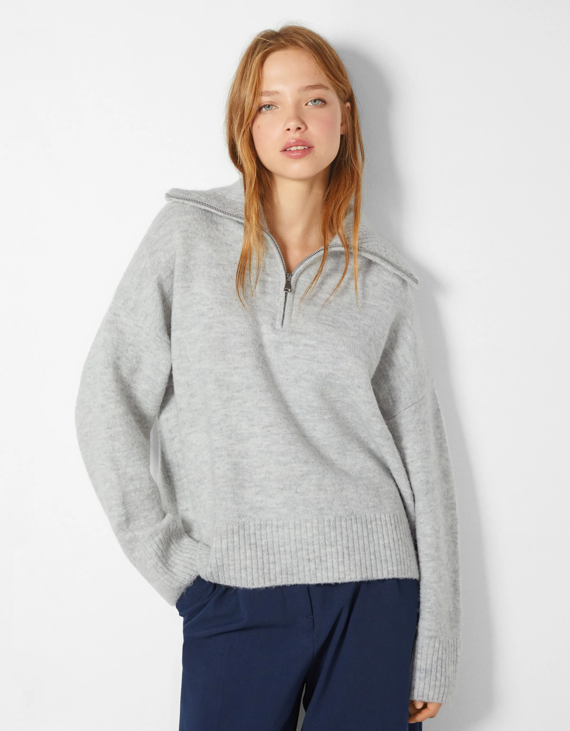 BERSHKA Jersey cuello alto cremallera Gris Best