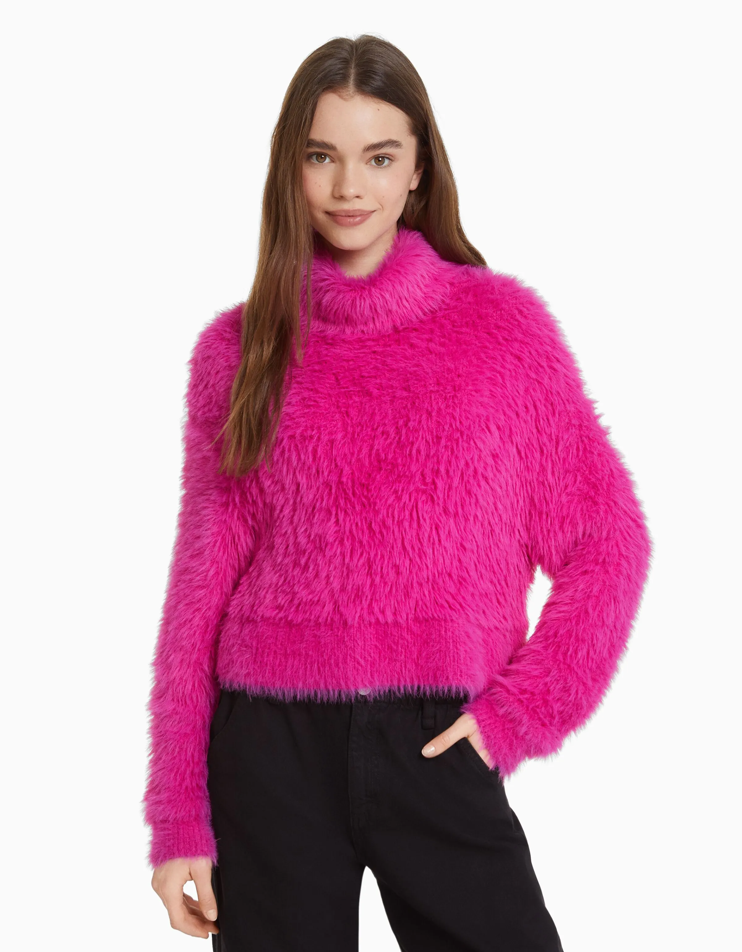 BERSHKA Jersey cuello alto pelo Fucsia Discount