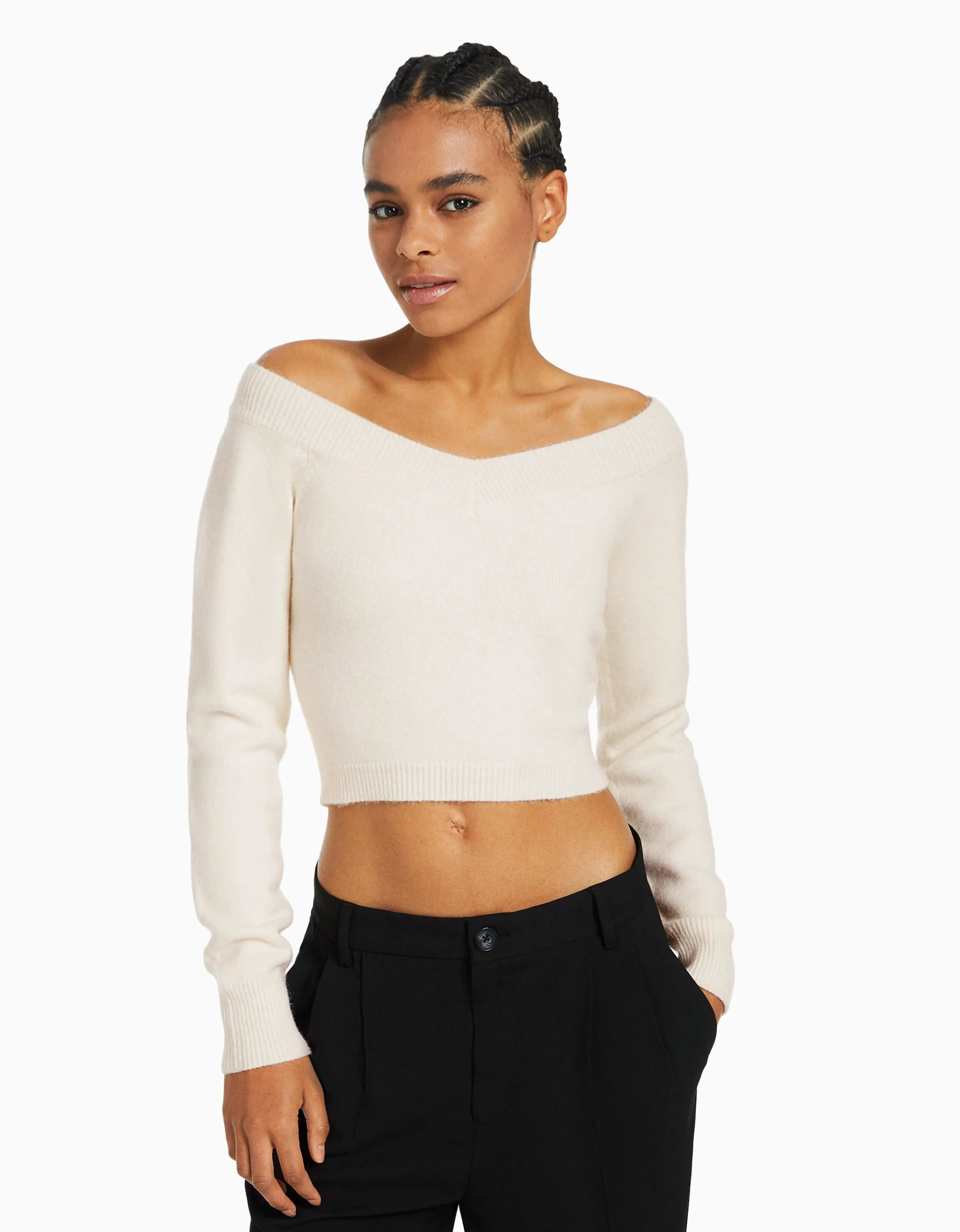 BERSHKA Jersey cuello pico cropped Gris Flash Sale