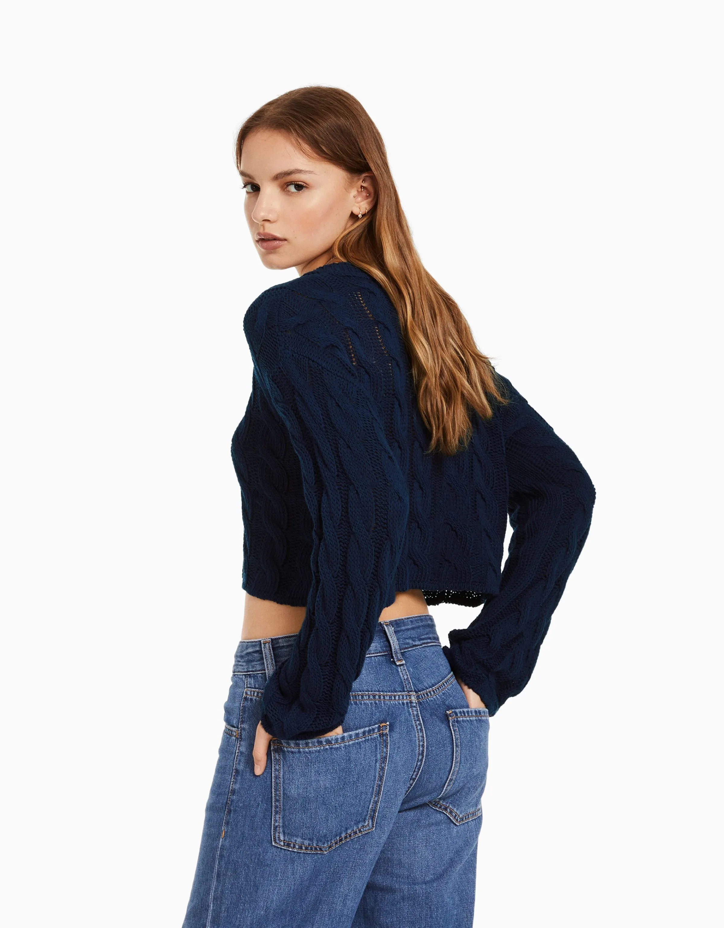 BERSHKA Jersey cuello redondo trenzas Azul Flash Sale