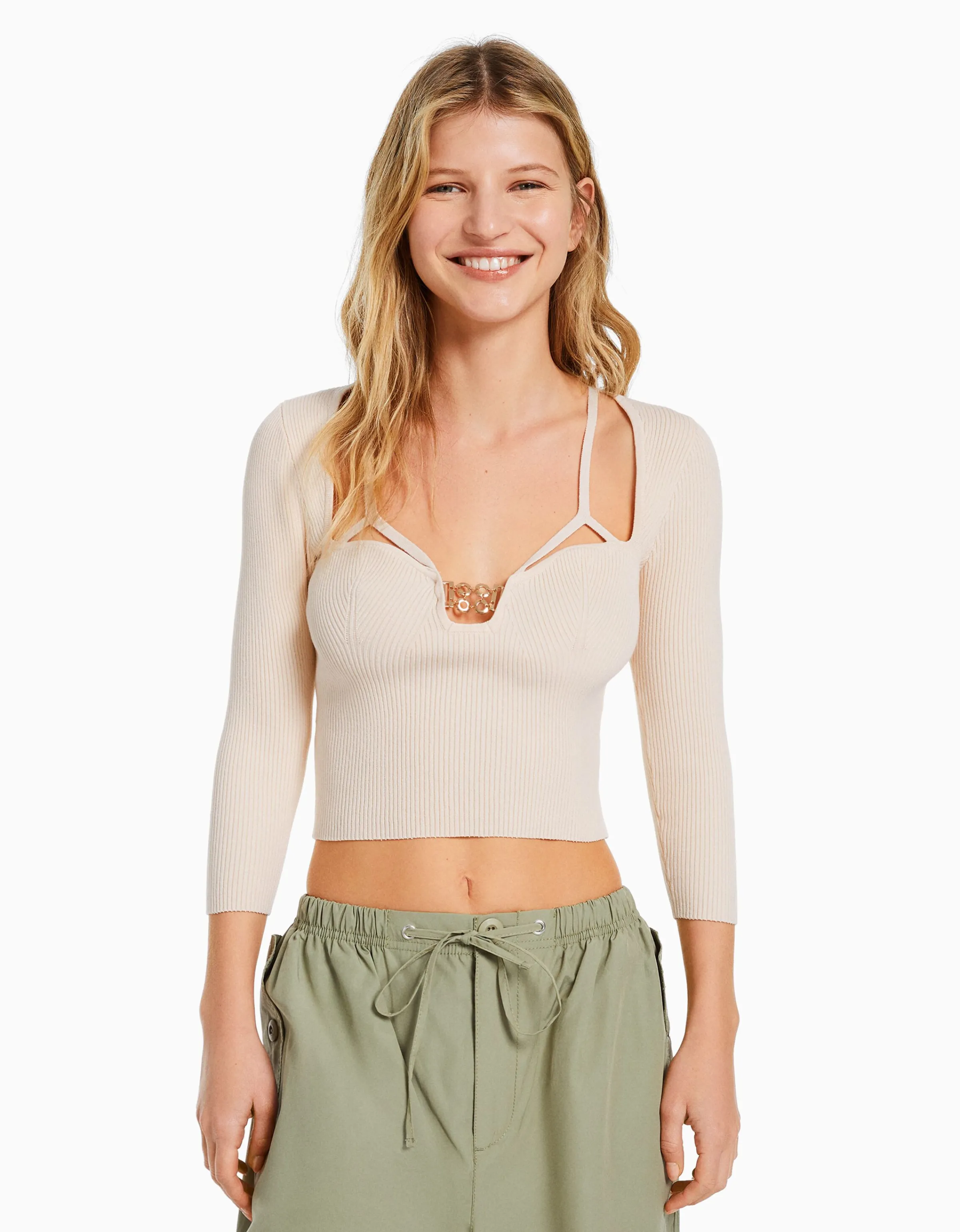 BERSHKA Jersey escote detalle pedrería Beige Shop