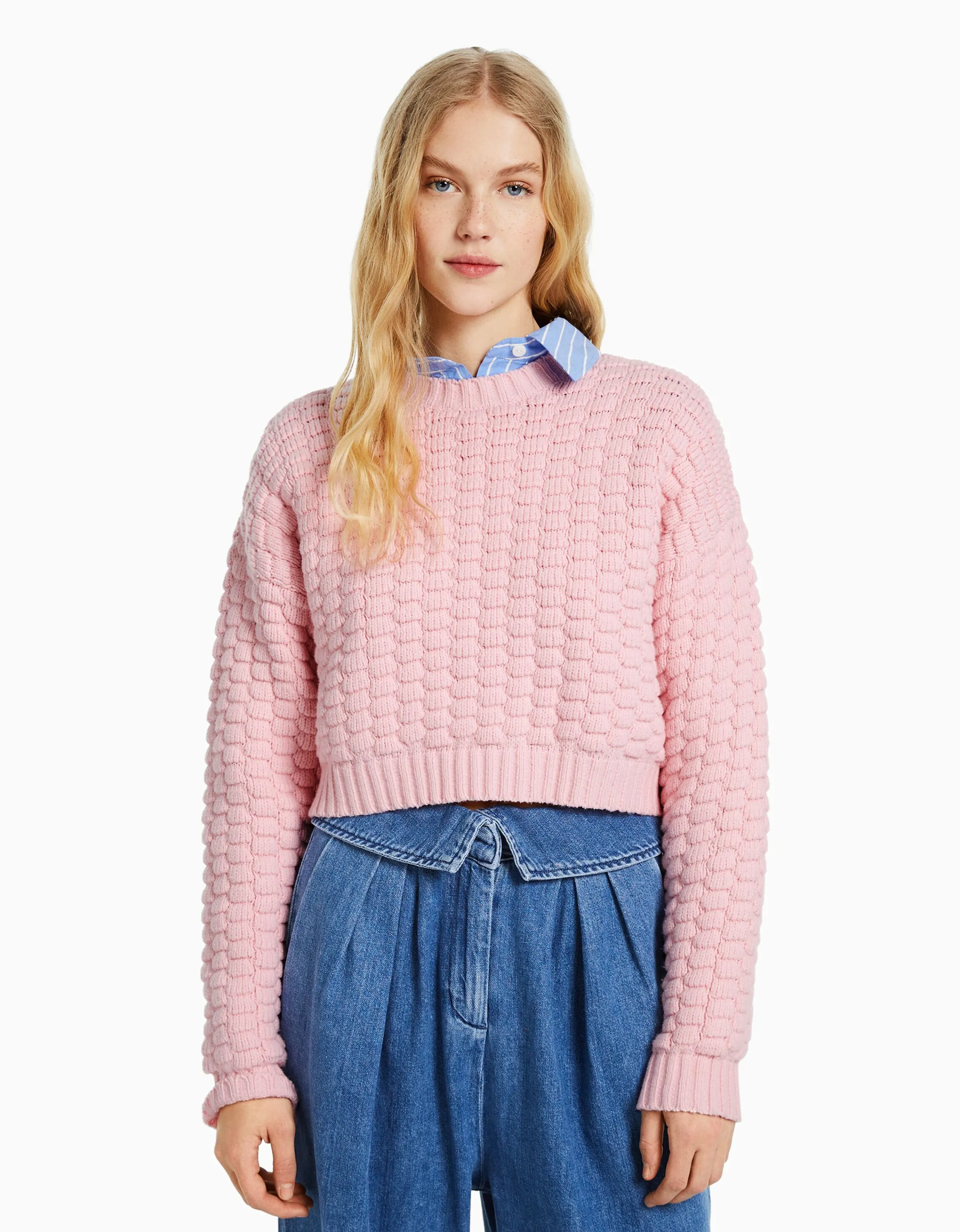 BERSHKA Jersey estructura Rosa Sale