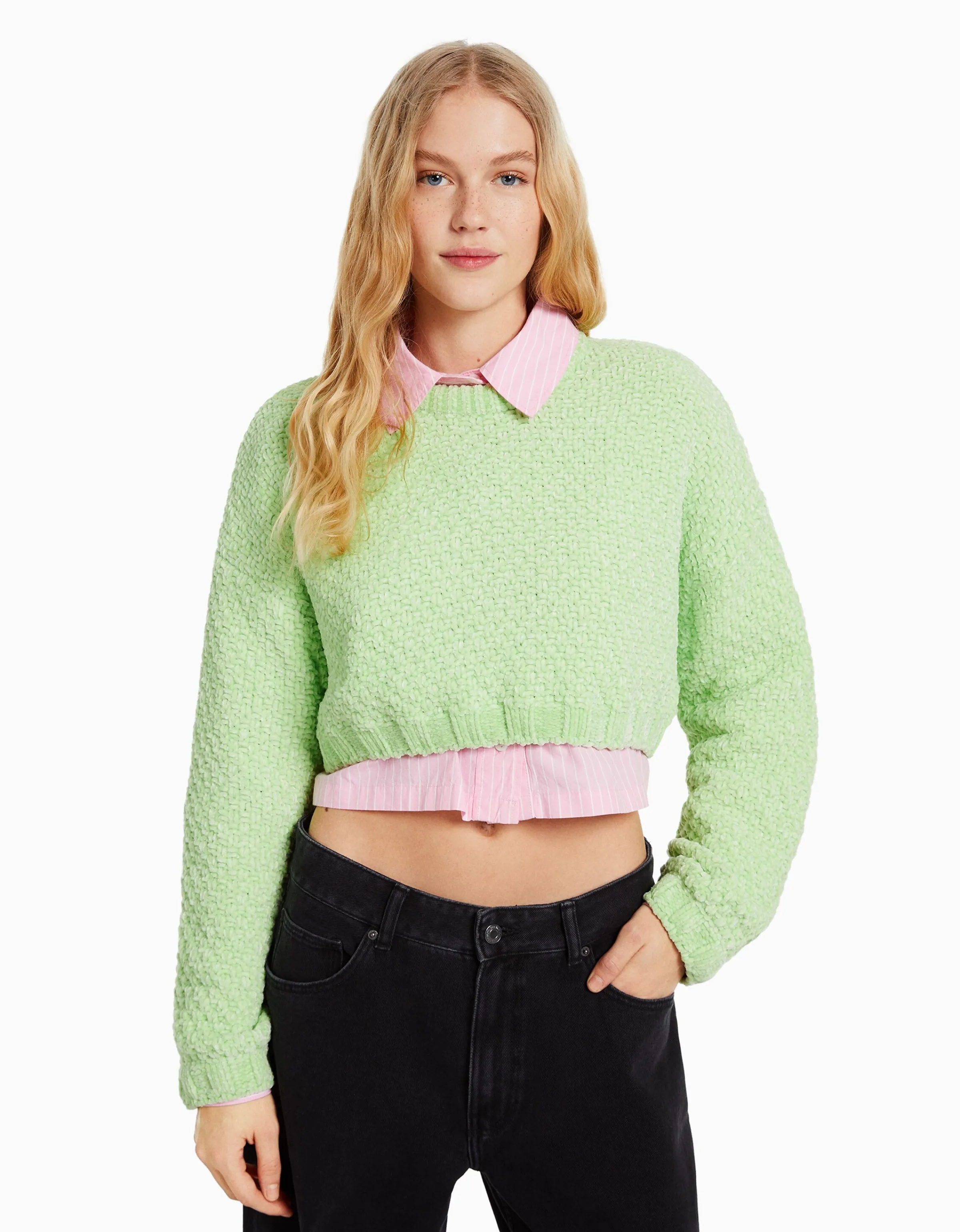 BERSHKA Jersey estructura chenilla Verde Flash Sale