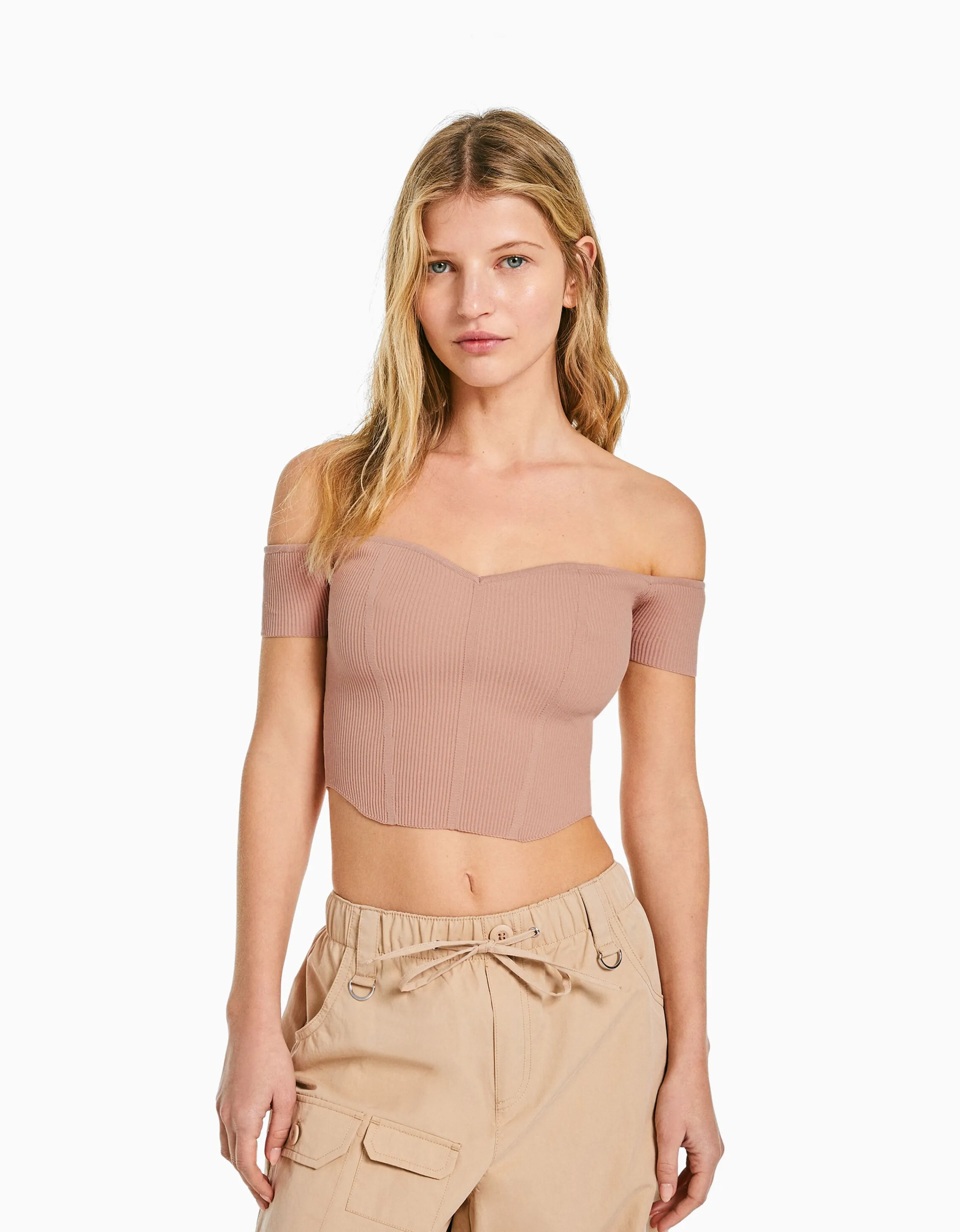 BERSHKA Jersey manga corta corsé bardot Beige Cheap