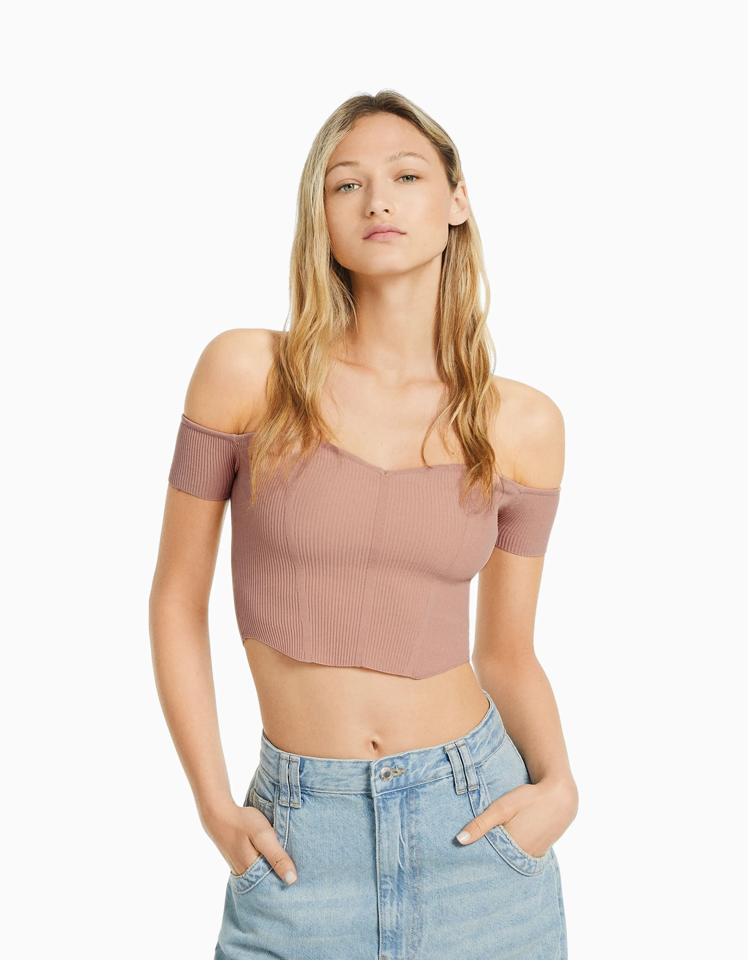 BERSHKA Jersey manga corta corsé bardot Beige Clearance