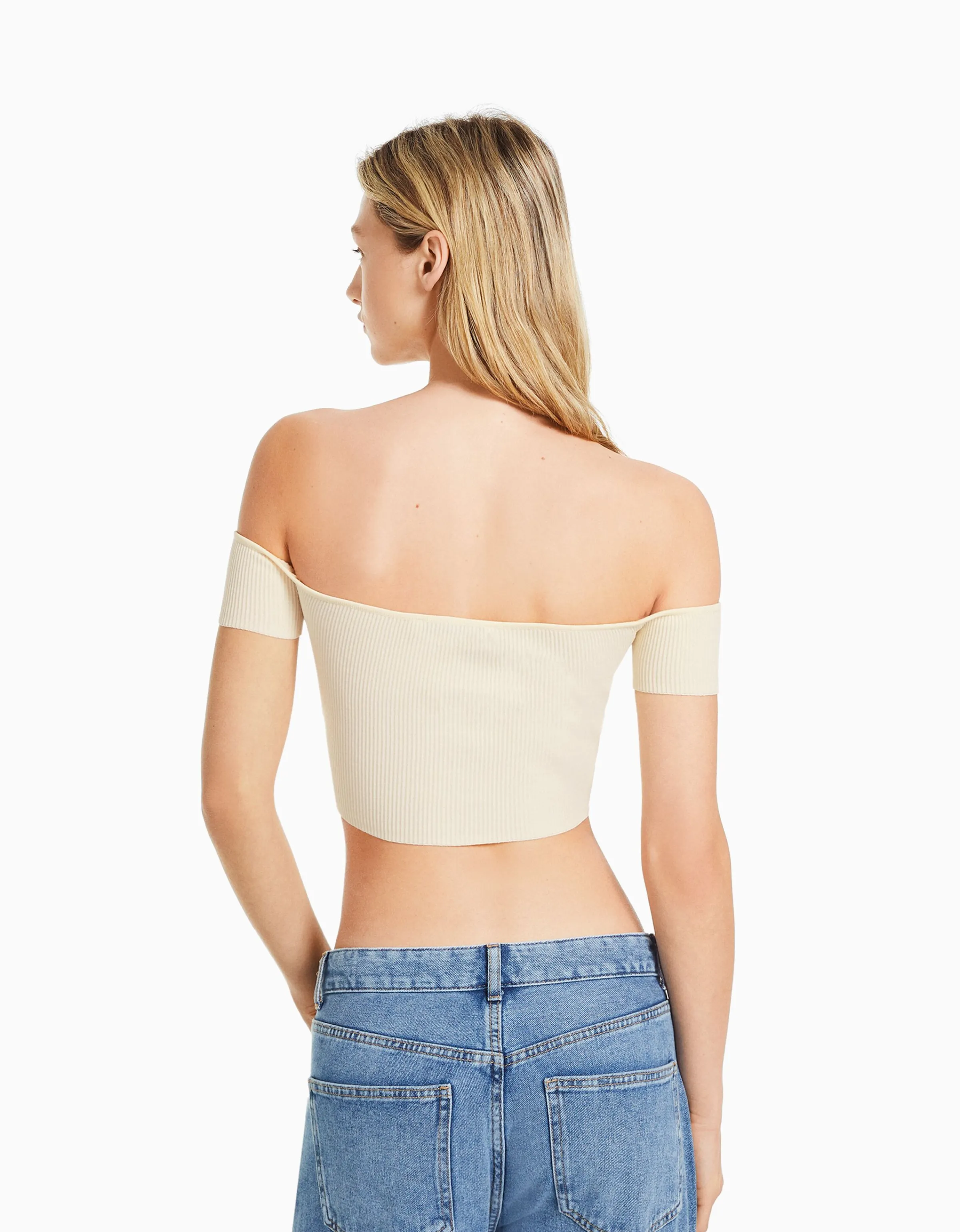 BERSHKA Jersey manga corta corsé bardot Beige Flash Sale