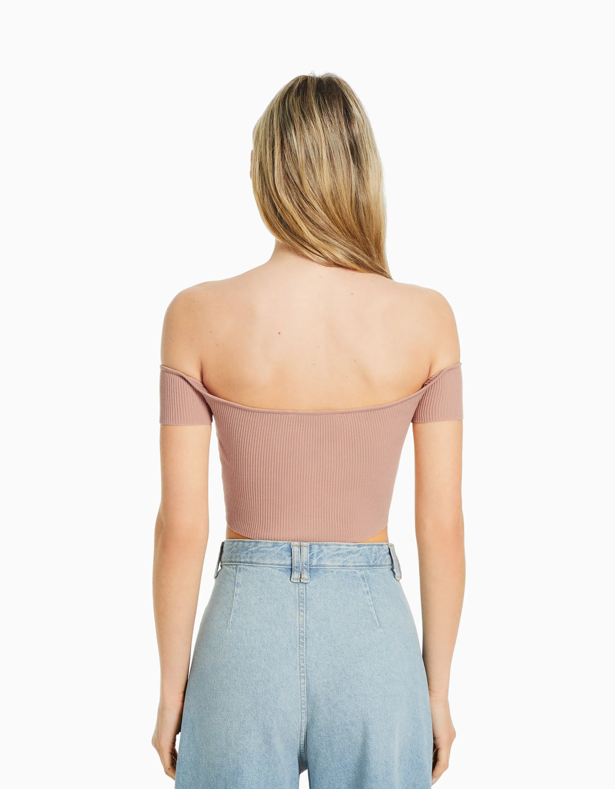 BERSHKA Jersey manga corta corsé bardot Beige Clearance