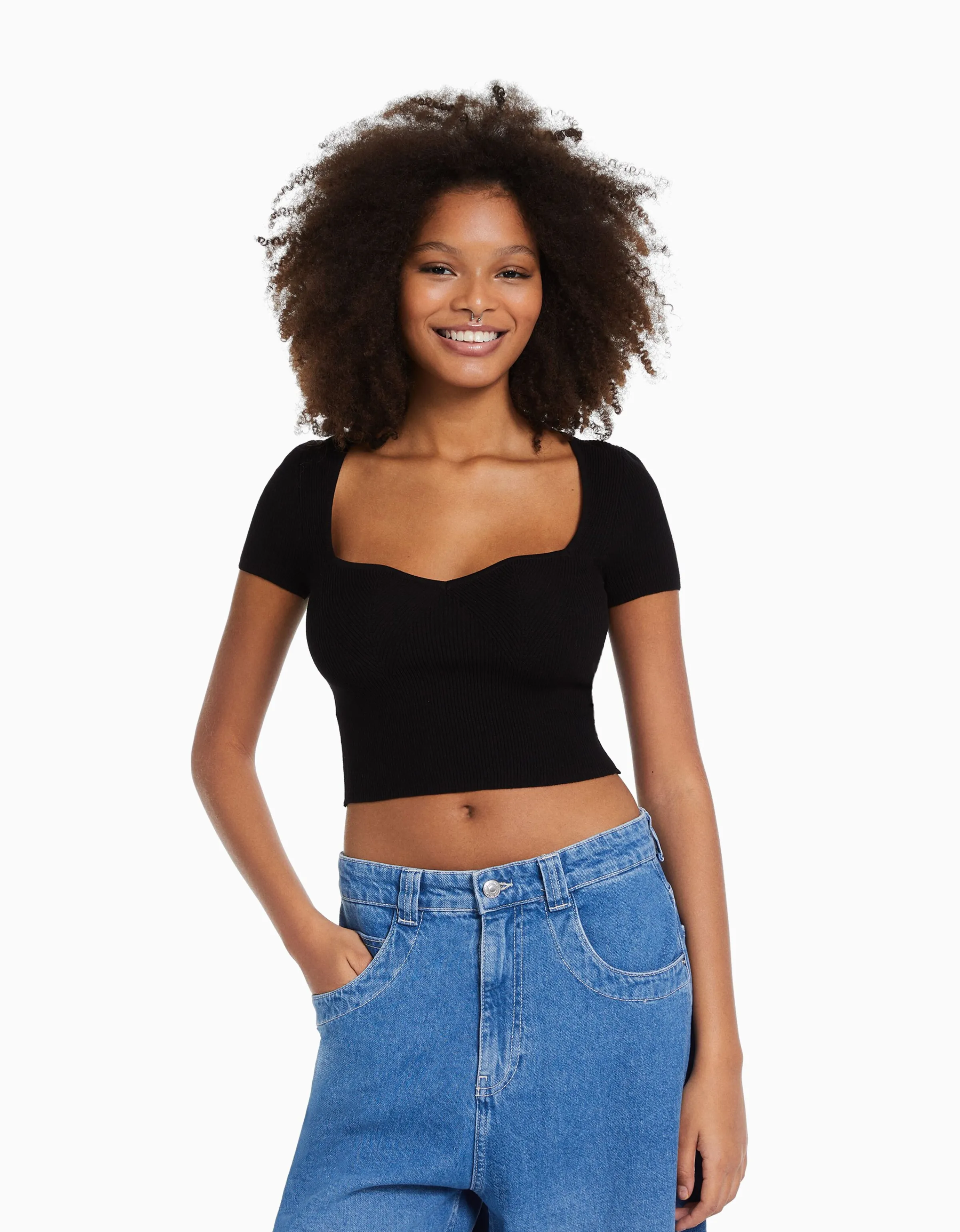 BERSHKA Jersey manga corta escote corazón punto Rosa Hot