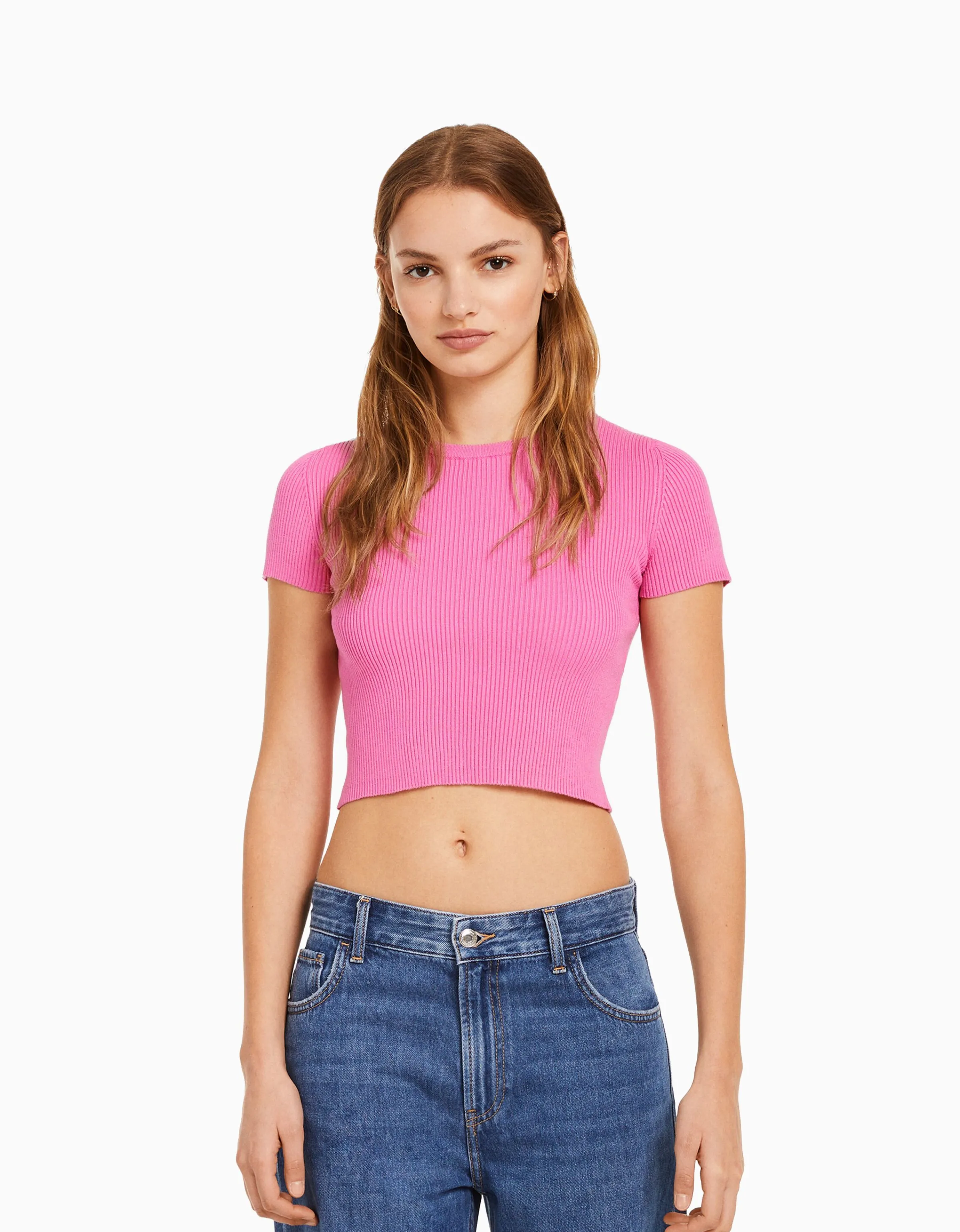 BERSHKA Jersey manga corta rib Crudo Online