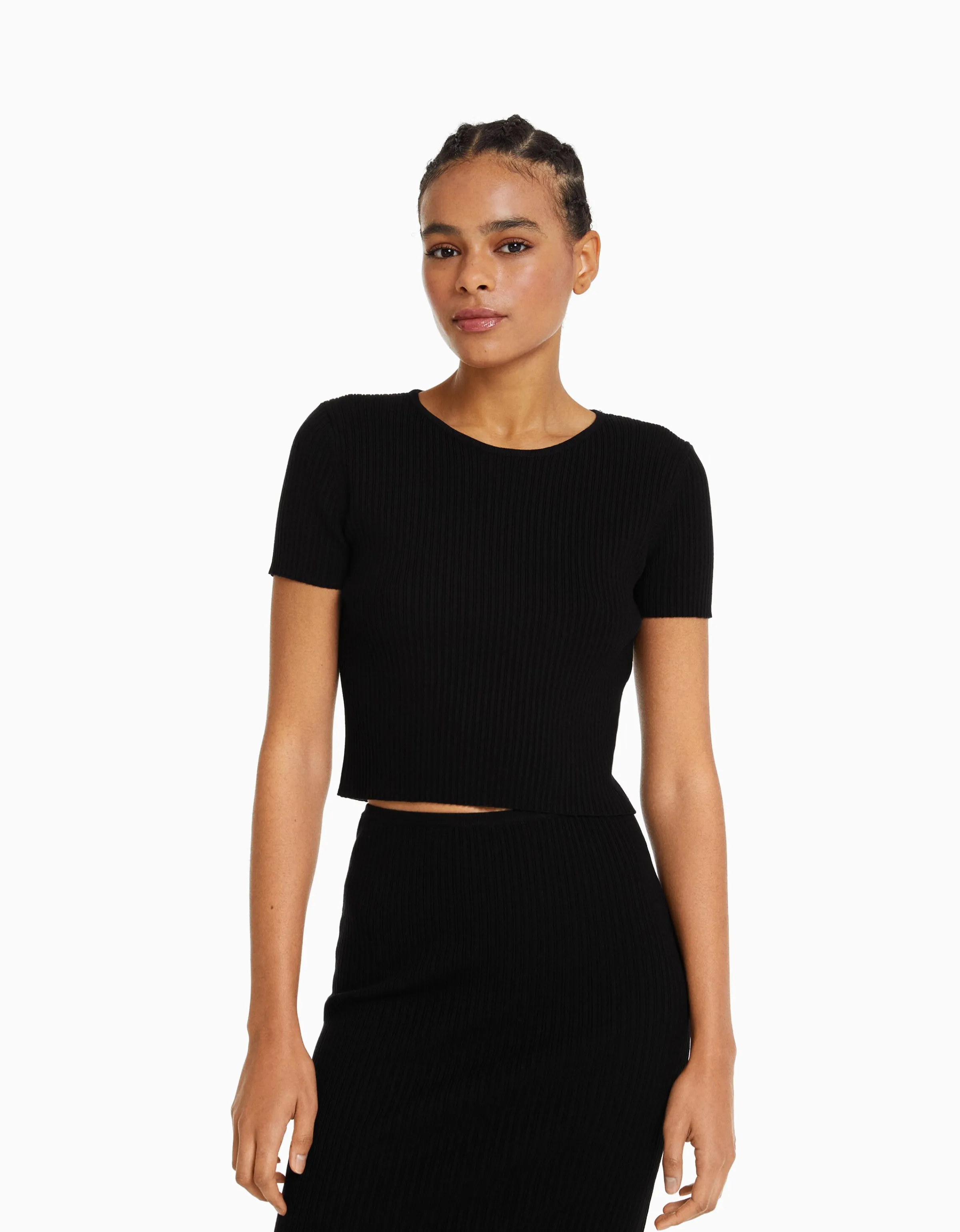 BERSHKA Jersey manga corta rib espalda abierta Negro Clearance