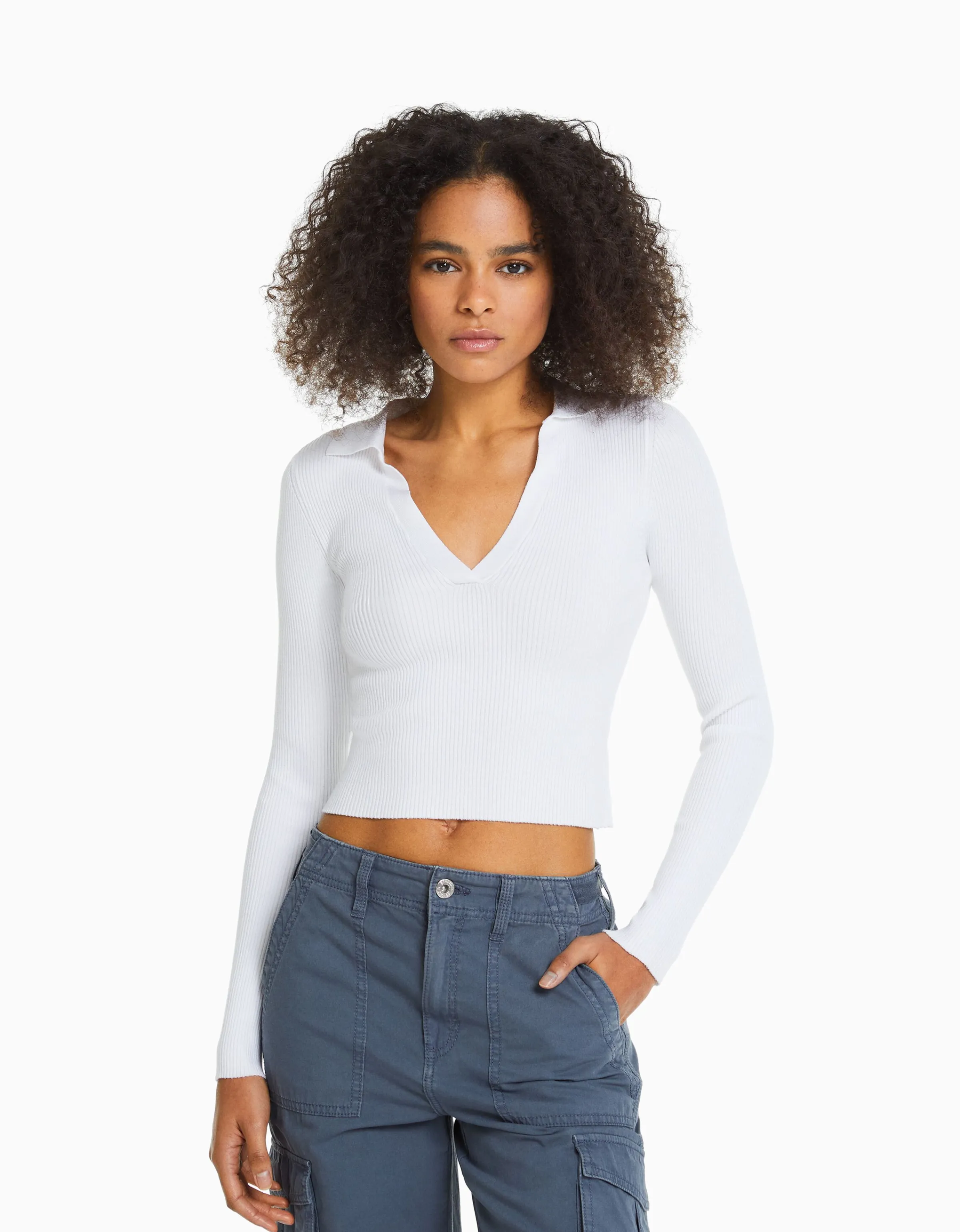 BERSHKA Jersey rib cuello polo Blanco Flash Sale