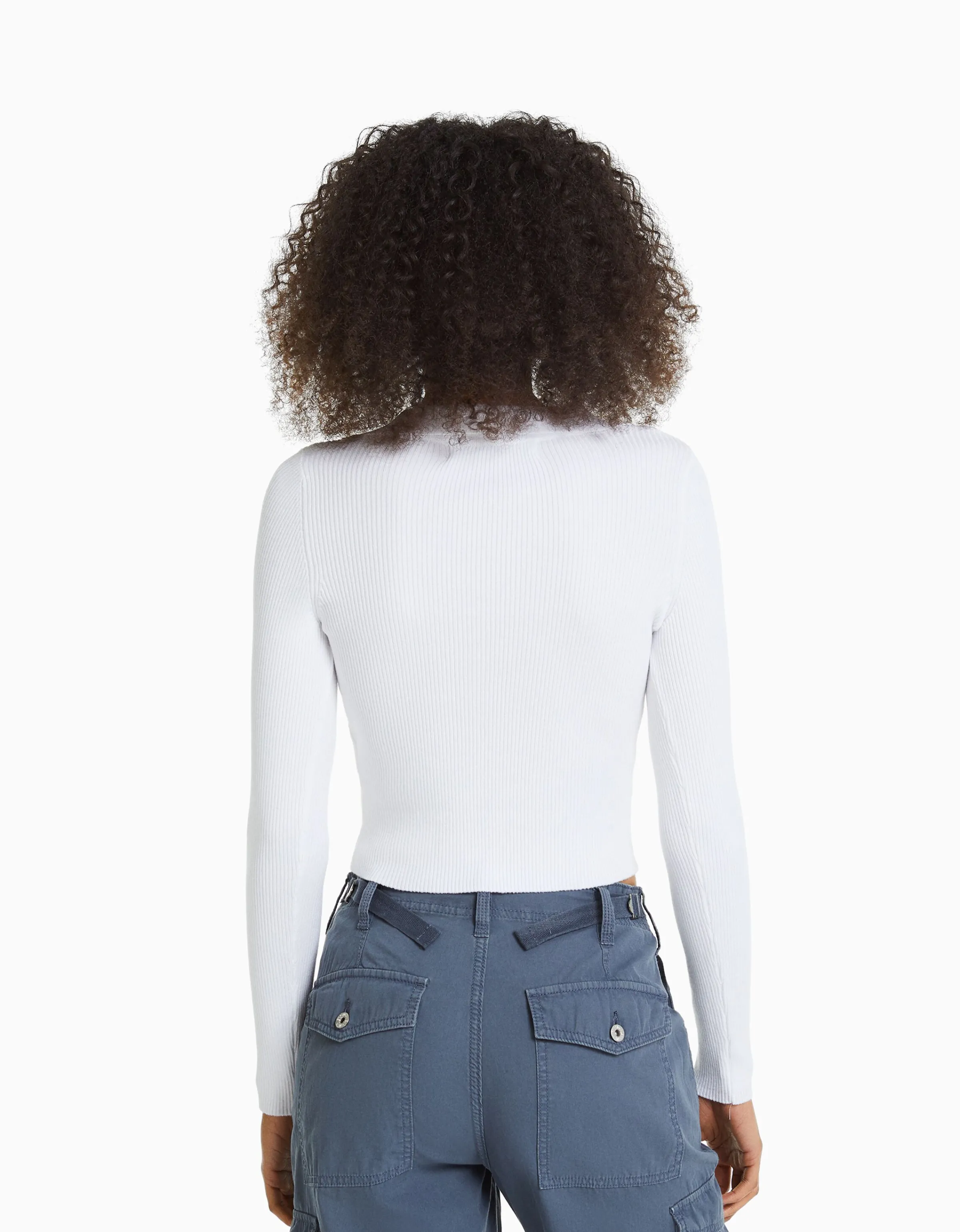 BERSHKA Jersey rib cuello polo Blanco Flash Sale