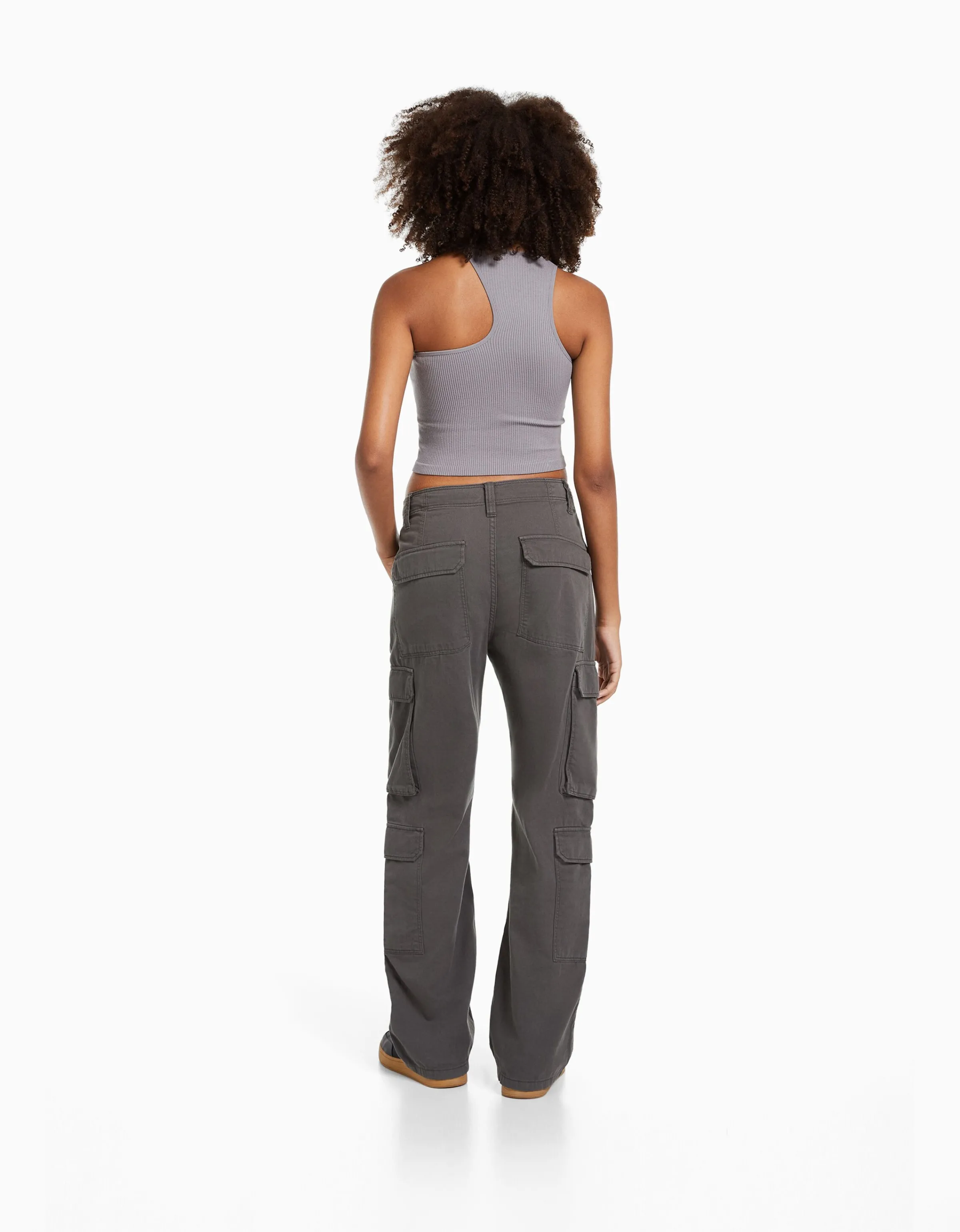 BERSHKA Pantalón cargo sarga multipocket ajustable Gris Discount