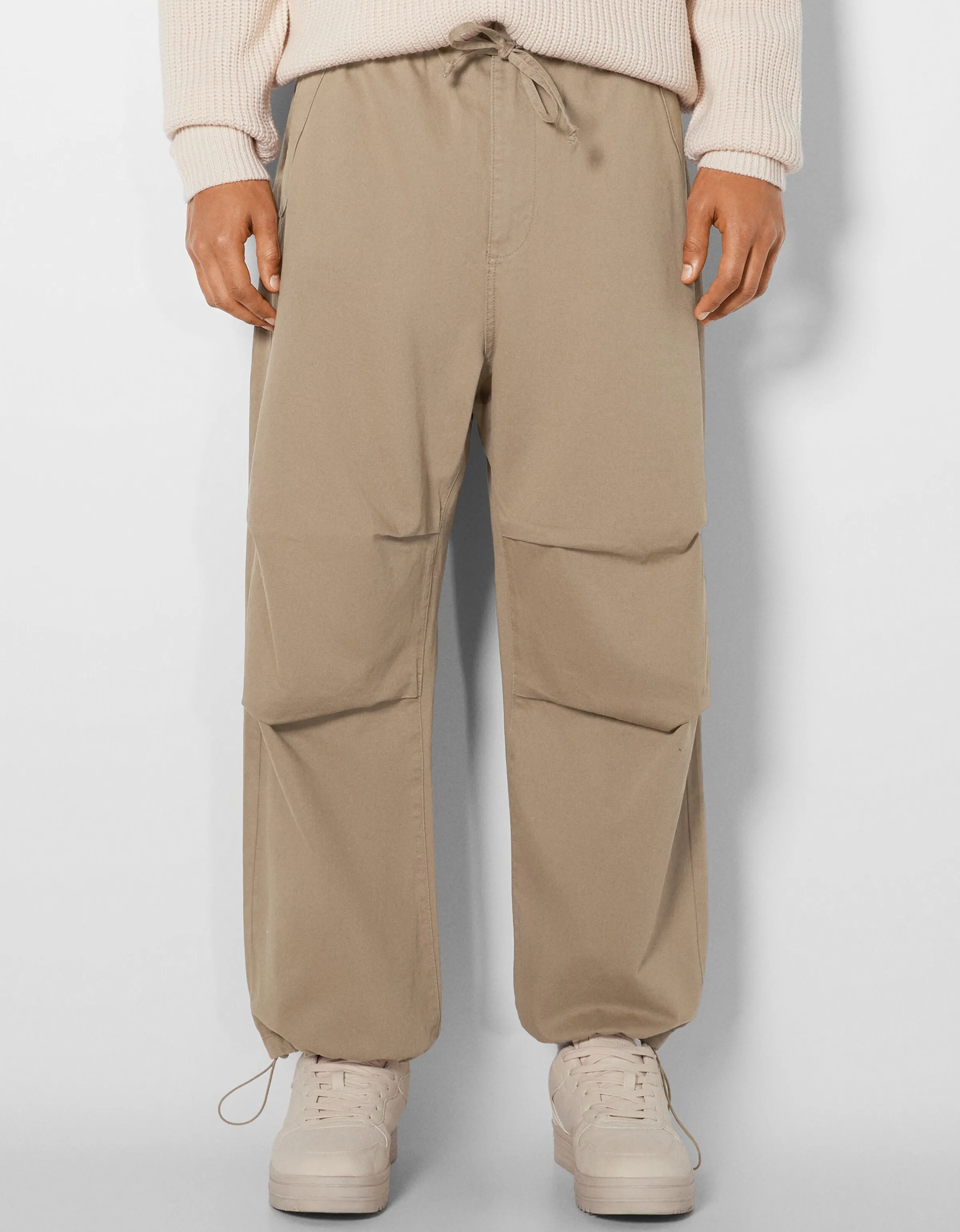 BERSHKA Pantalón parachute algodón Camel Cheap