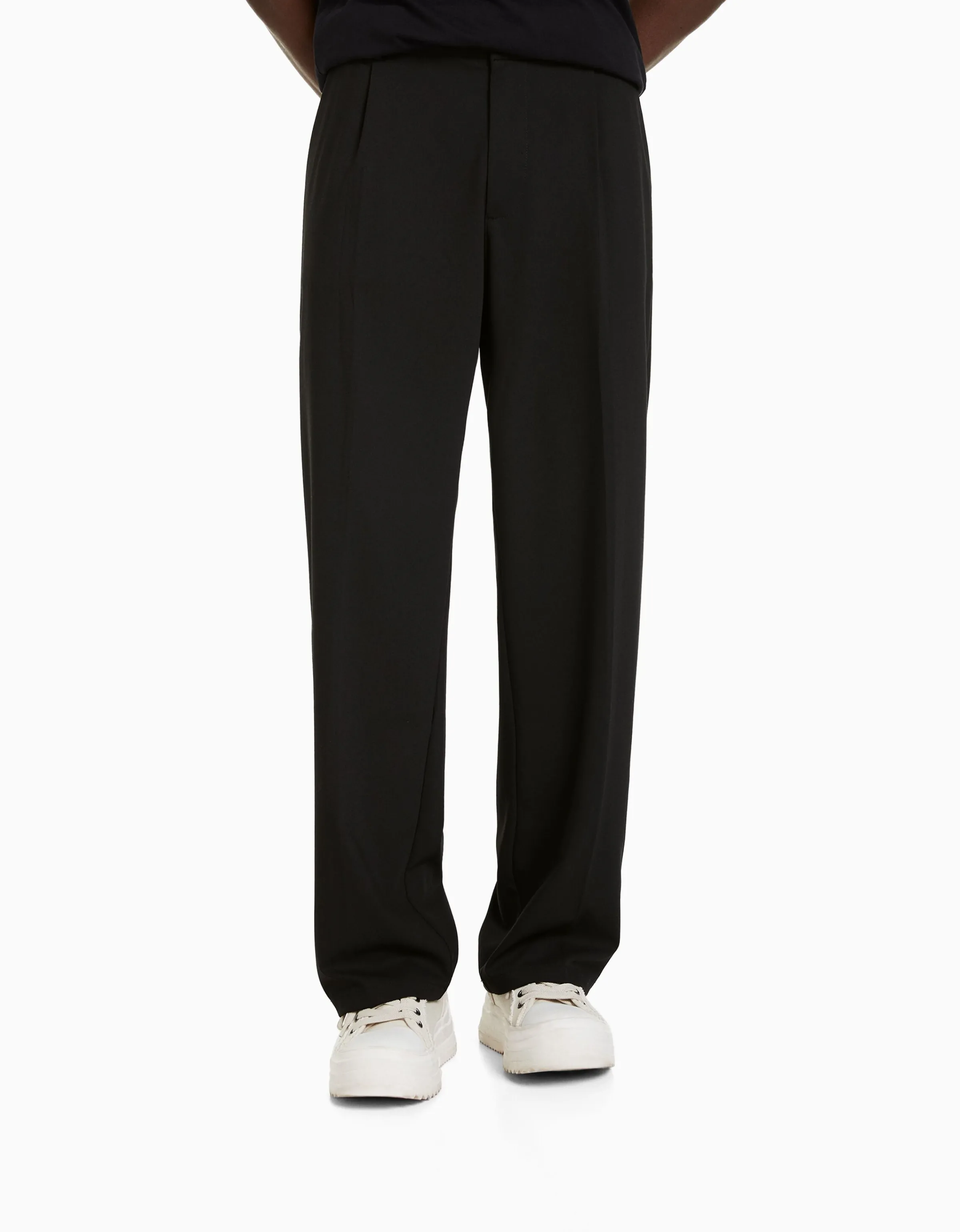 BERSHKA Pantalón sastrero semi jogger wide fit Negro Discount