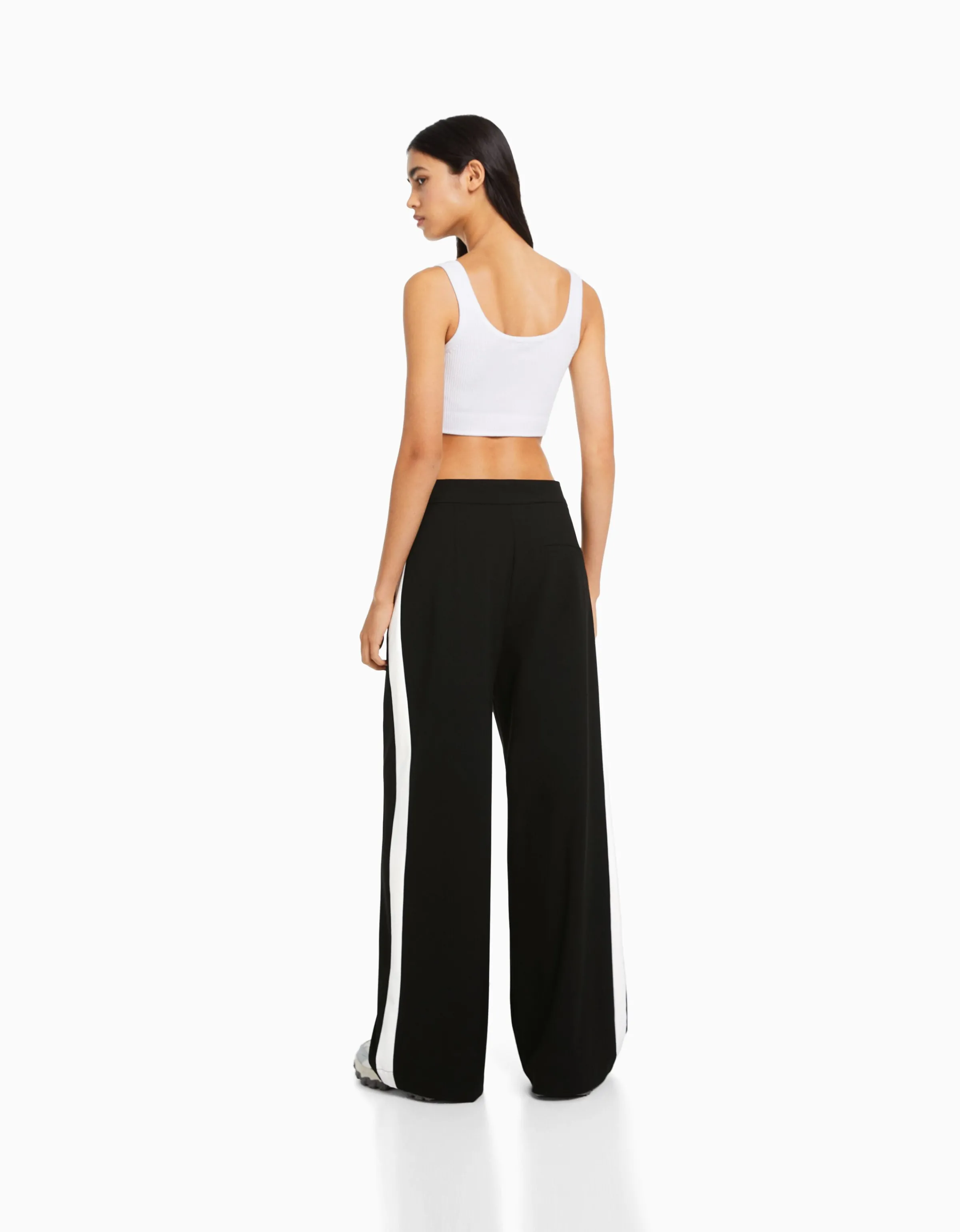 BERSHKA Pantalón tailoring wide leg banda lateral Negro Flash Sale