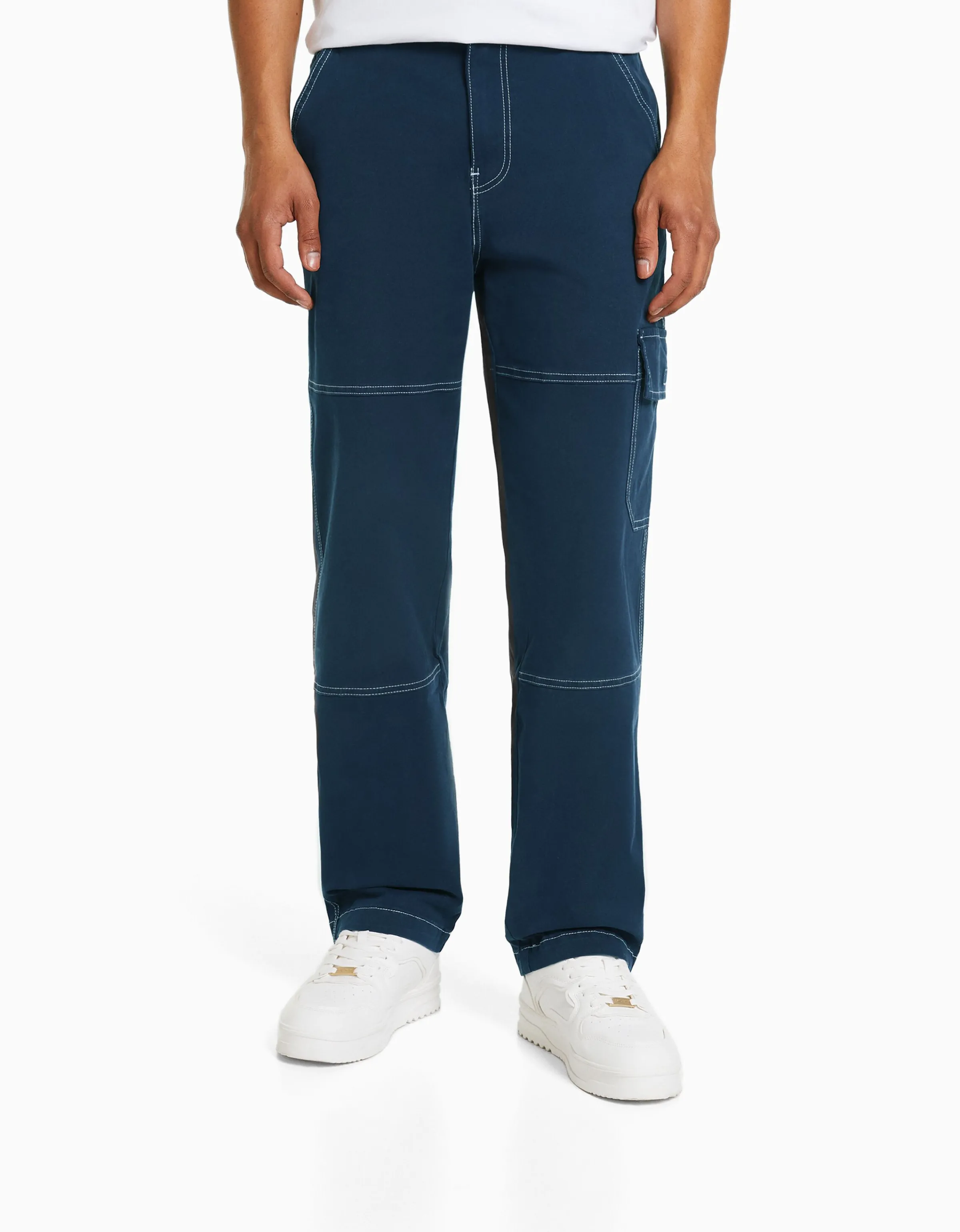 BERSHKA Pantalón wide cargo costuras contraste Azul oscuro Clearance