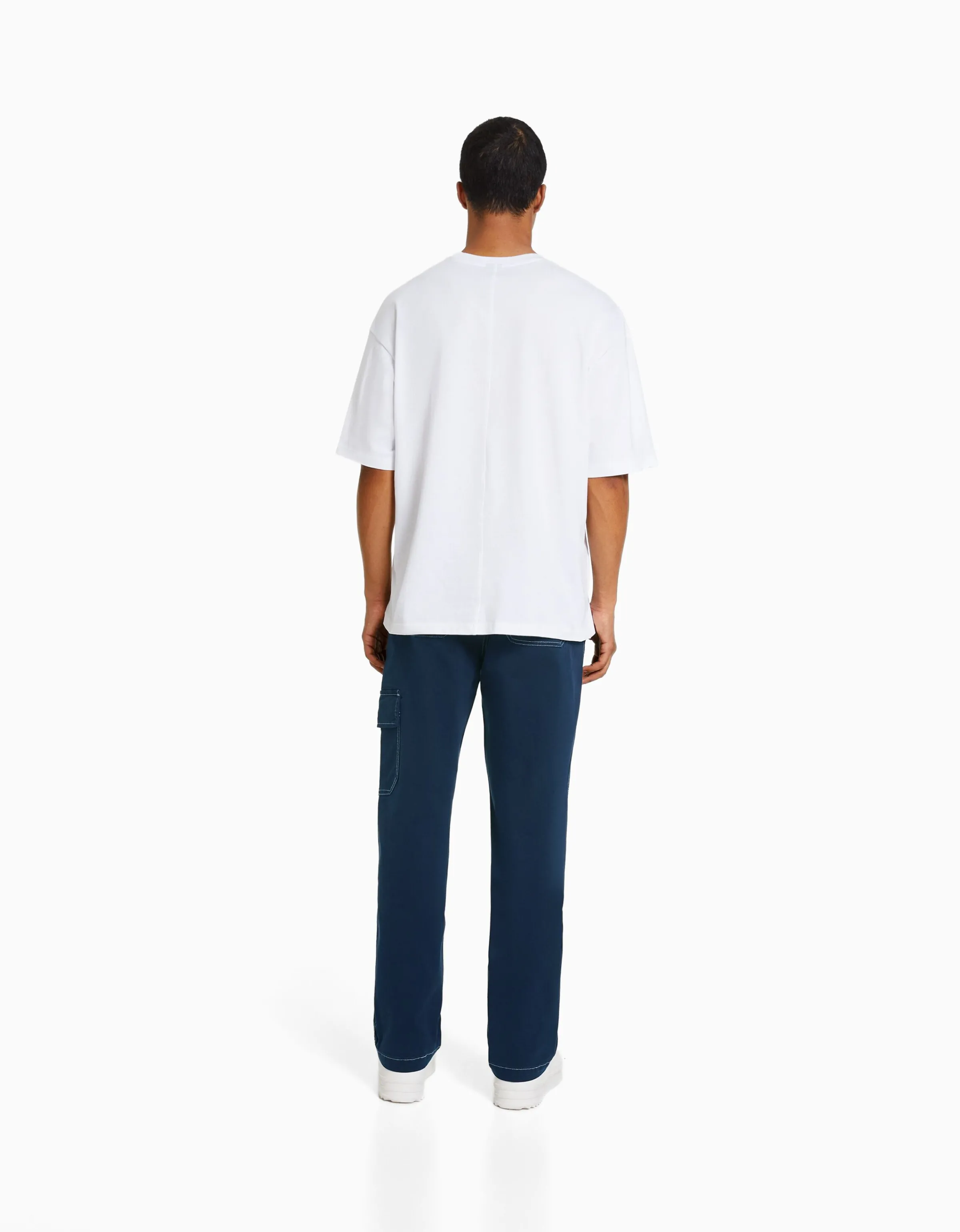 BERSHKA Pantalón wide cargo costuras contraste Azul oscuro Clearance