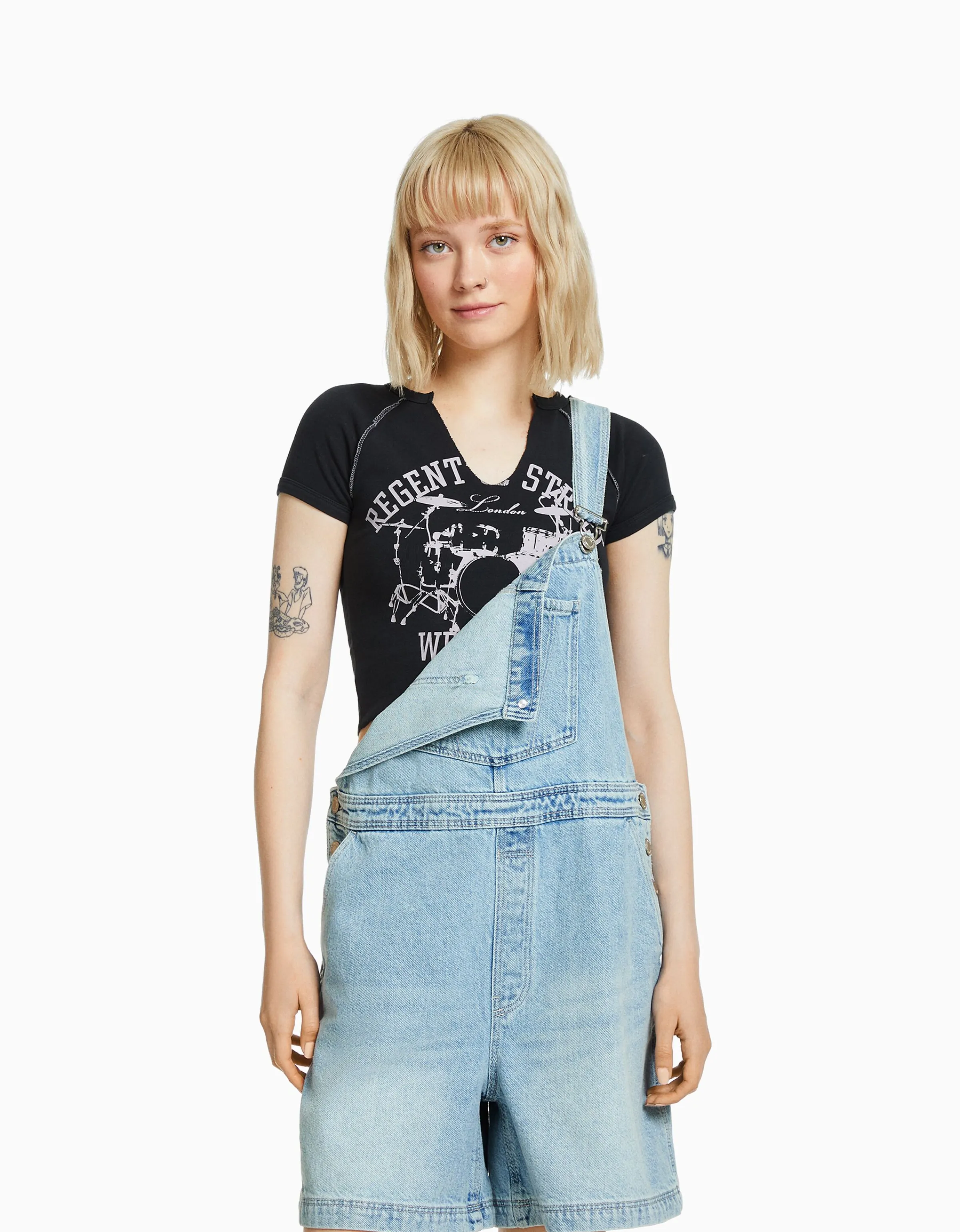 BERSHKA Peto denim detalles carpenter Azul lavado Shop