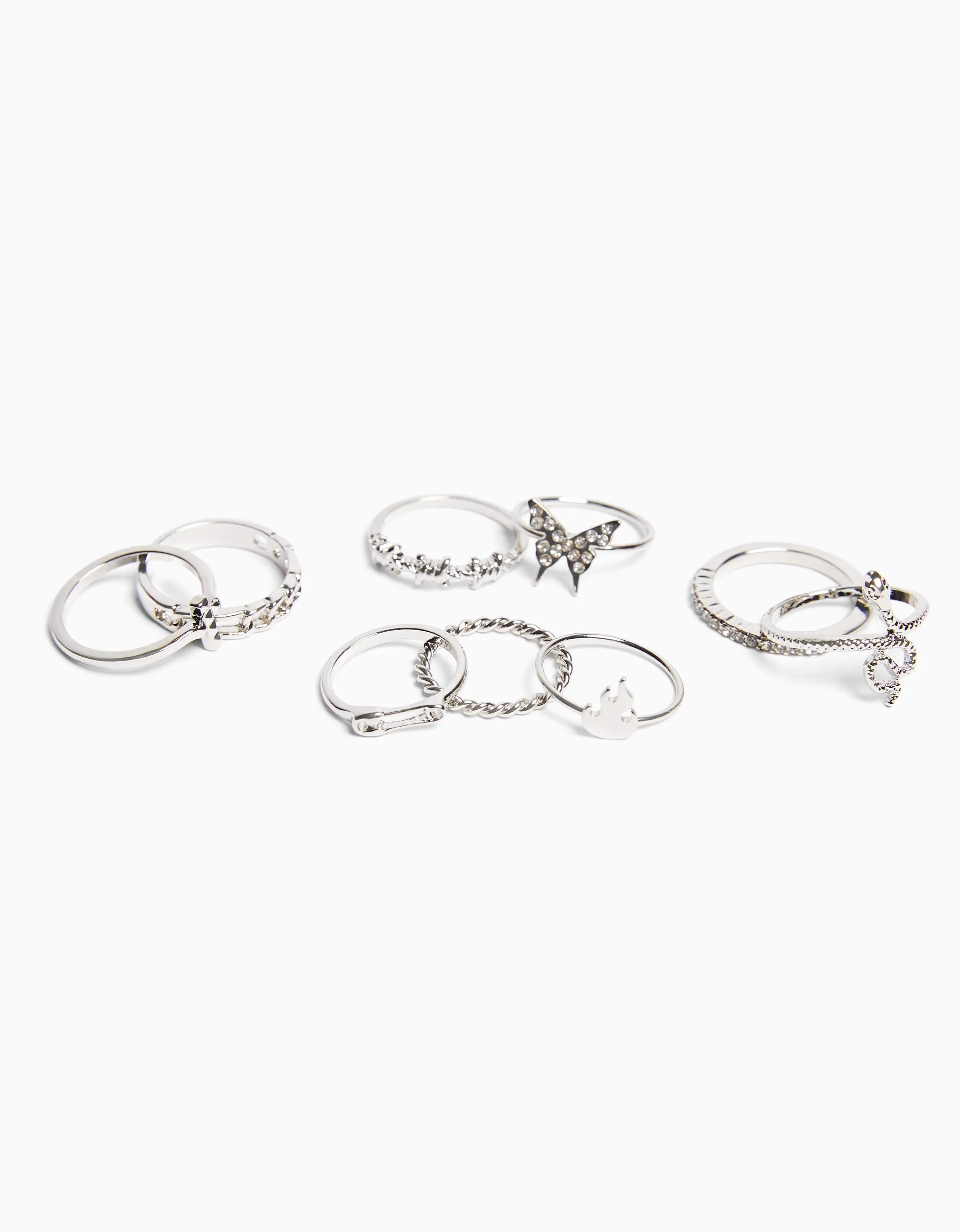 BERSHKA Set 9 anillos edgy Plata New