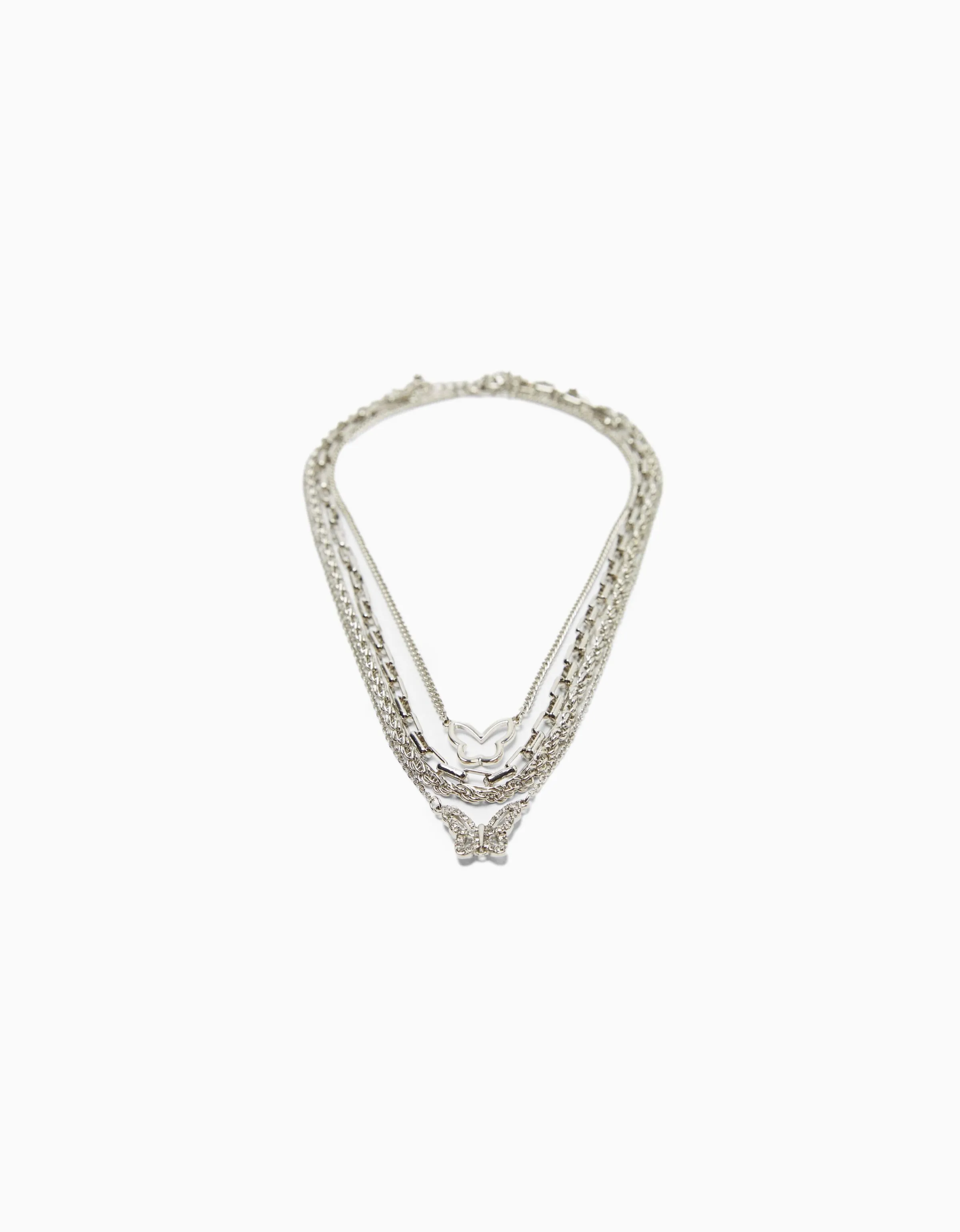 BERSHKA Set 4 collares cadenas mariposa Plata Discount