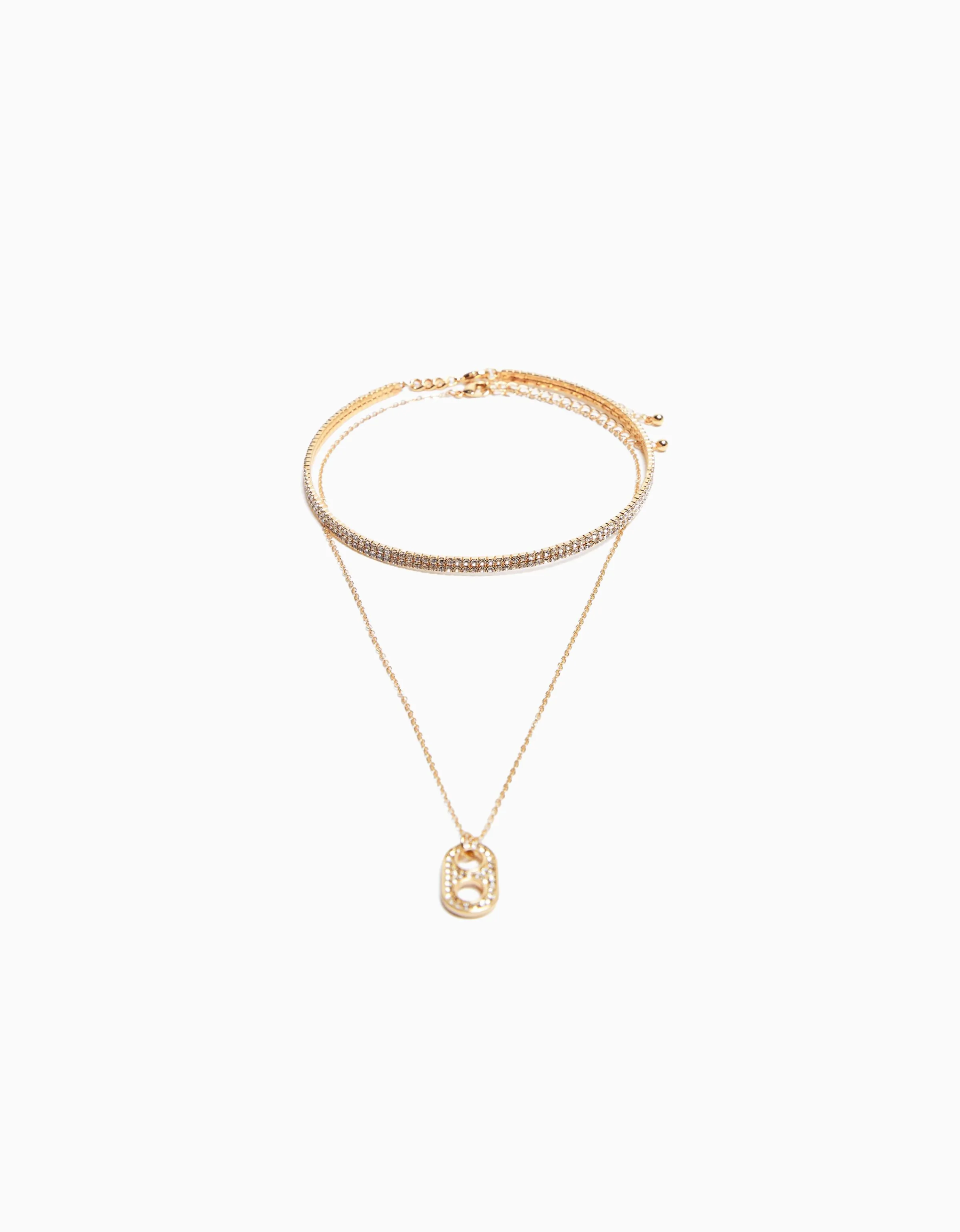 BERSHKA Set 2 collares choker y cadena charm Oro Online