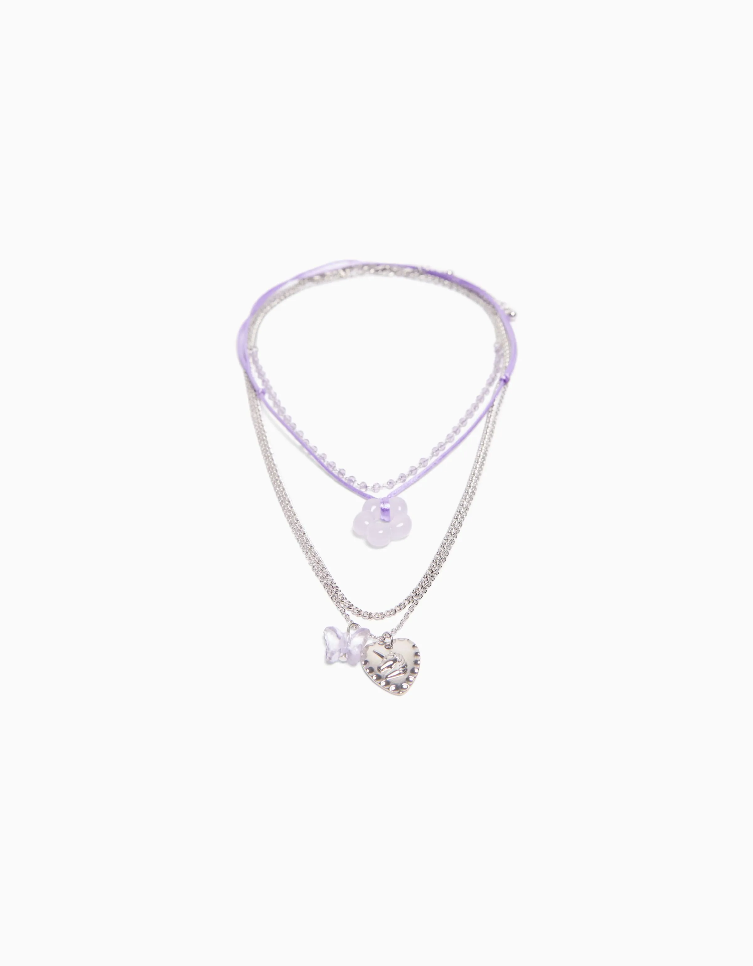 BERSHKA Set 4 collares cordón flor charm mariposa Plata Hot