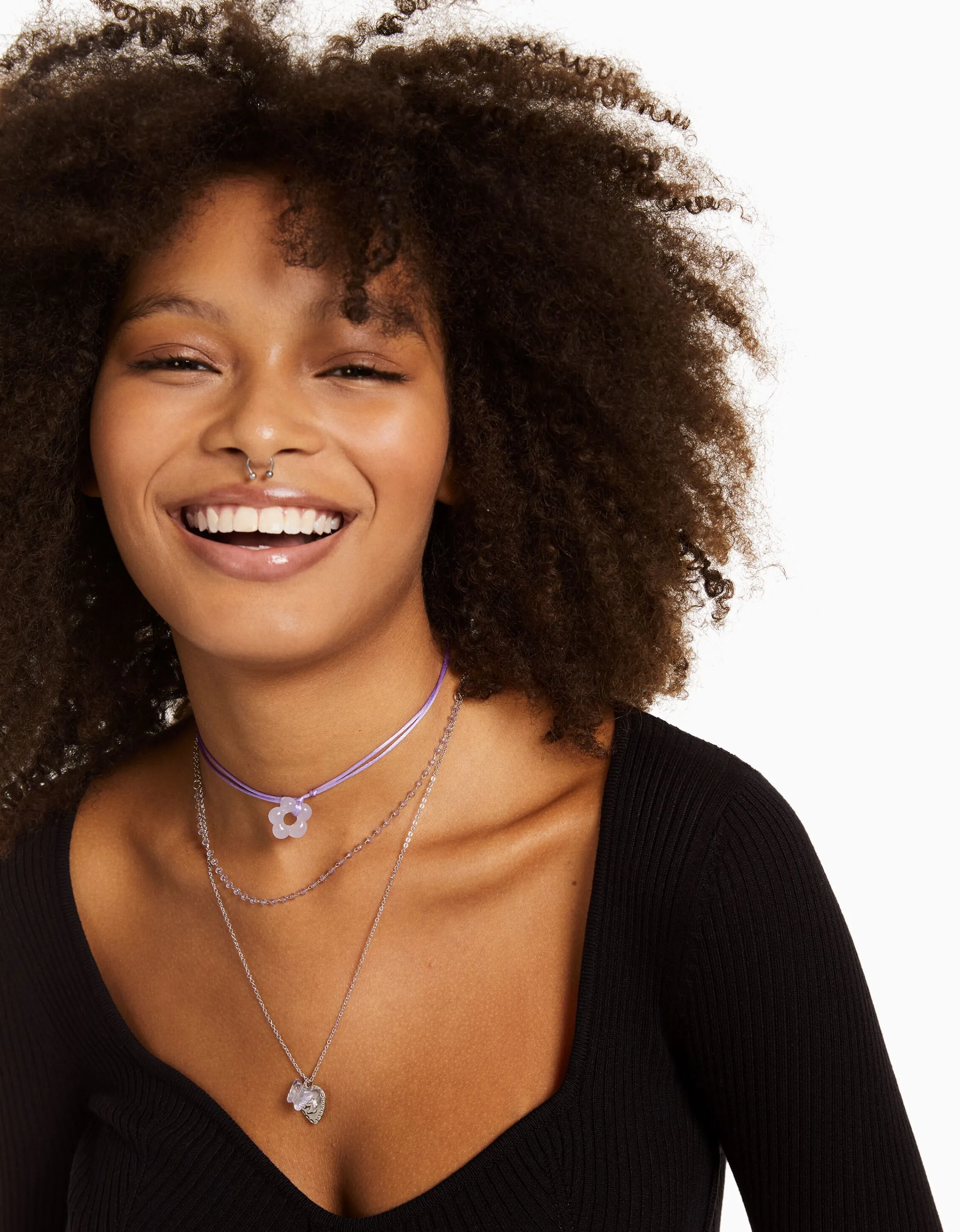BERSHKA Set 4 collares cordón flor charm mariposa Plata Hot