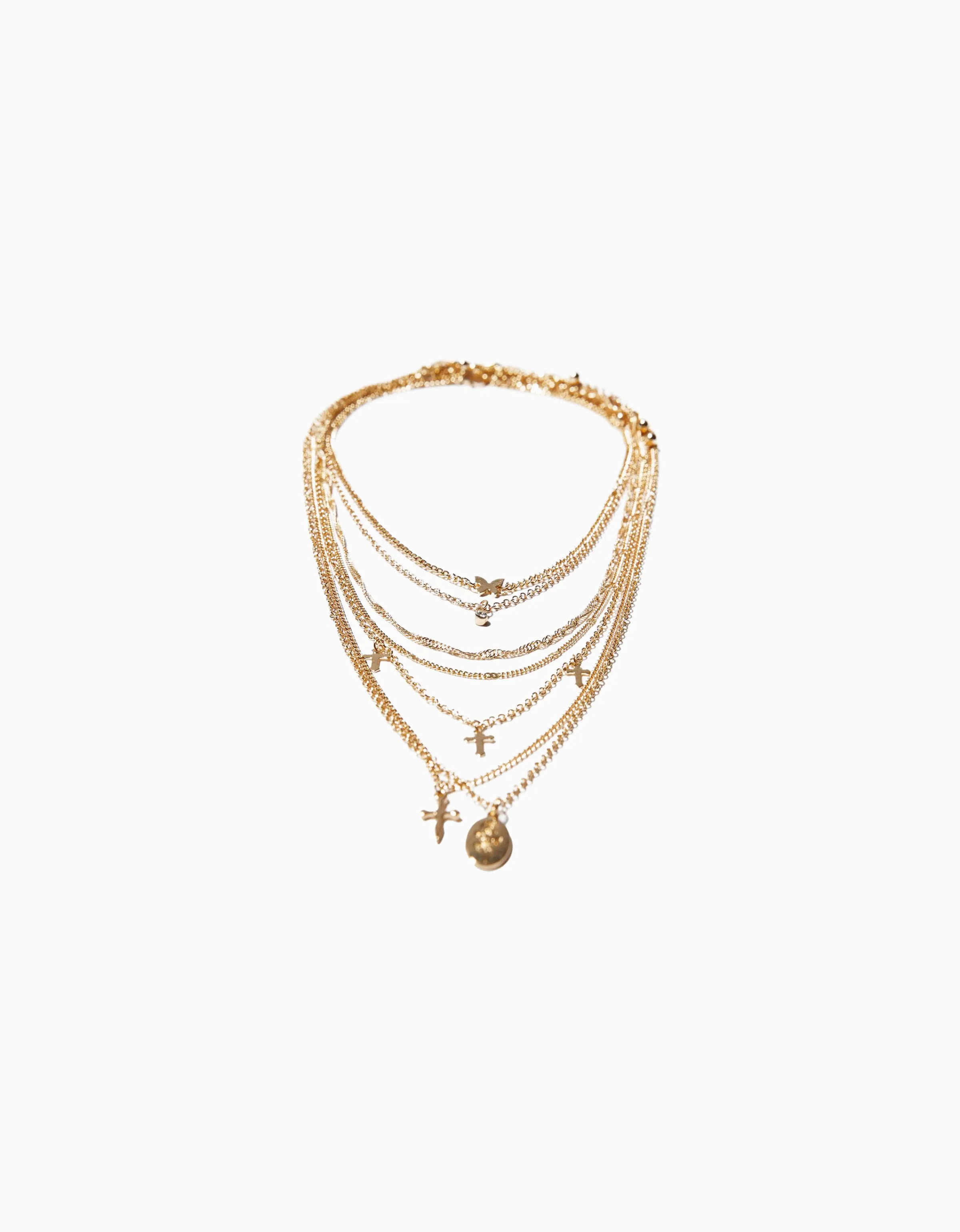 BERSHKA Set 7 collares cruz mariposa Oro Online