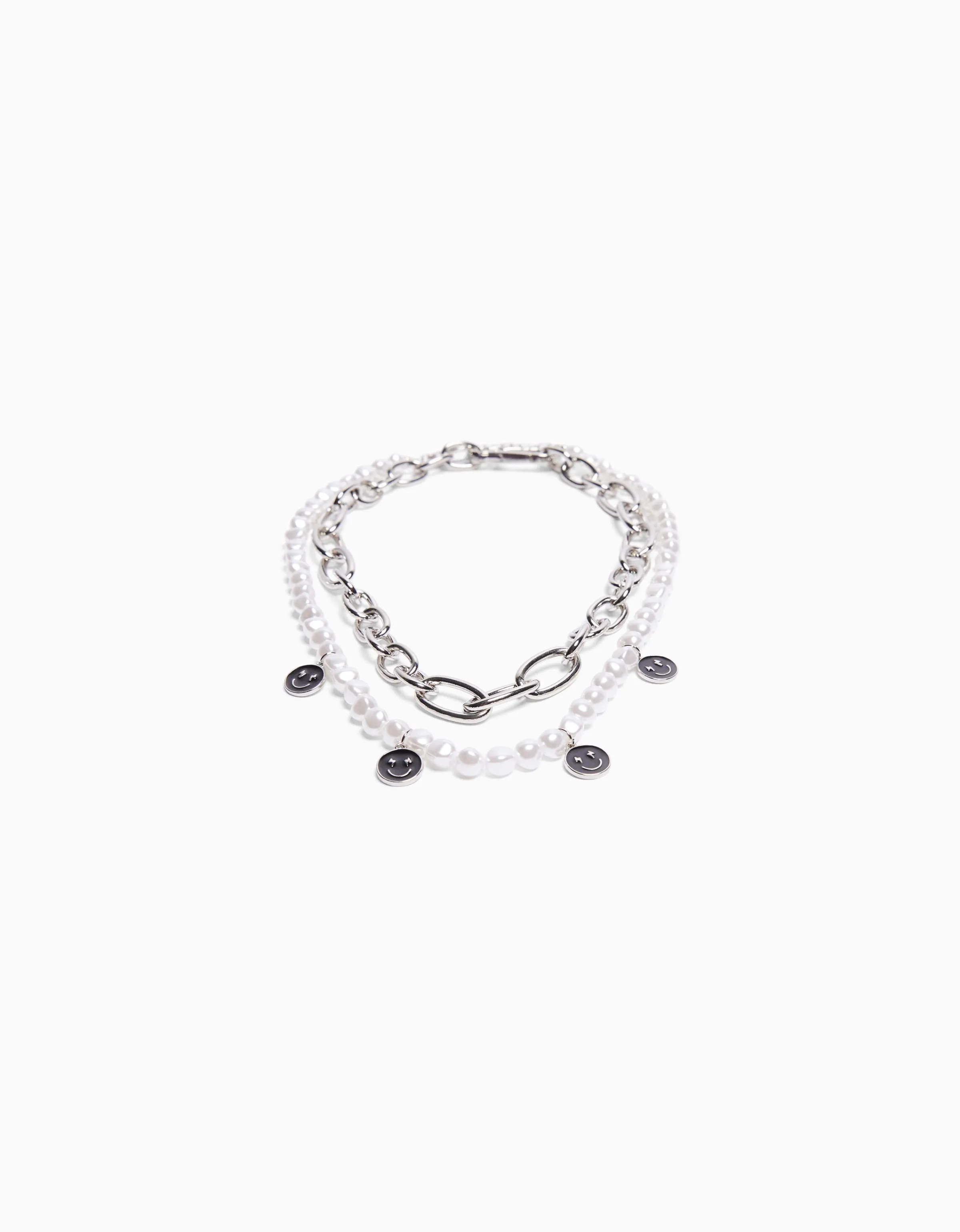 BERSHKA Set 2 collares efecto perlas cadena Plata Outlet