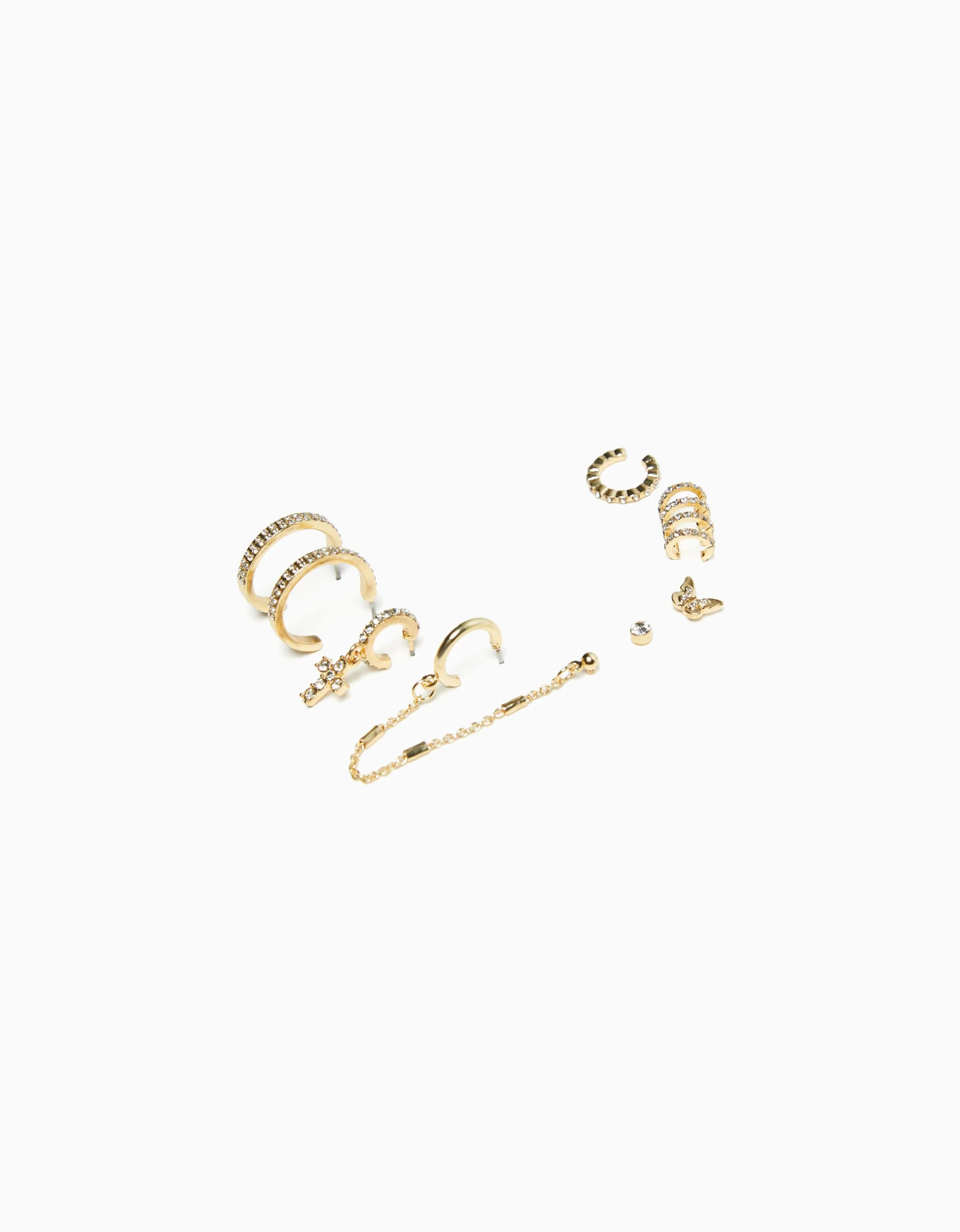 BERSHKA Set 8 pendientes aros ear cuff pedrería cruz Oro Outlet