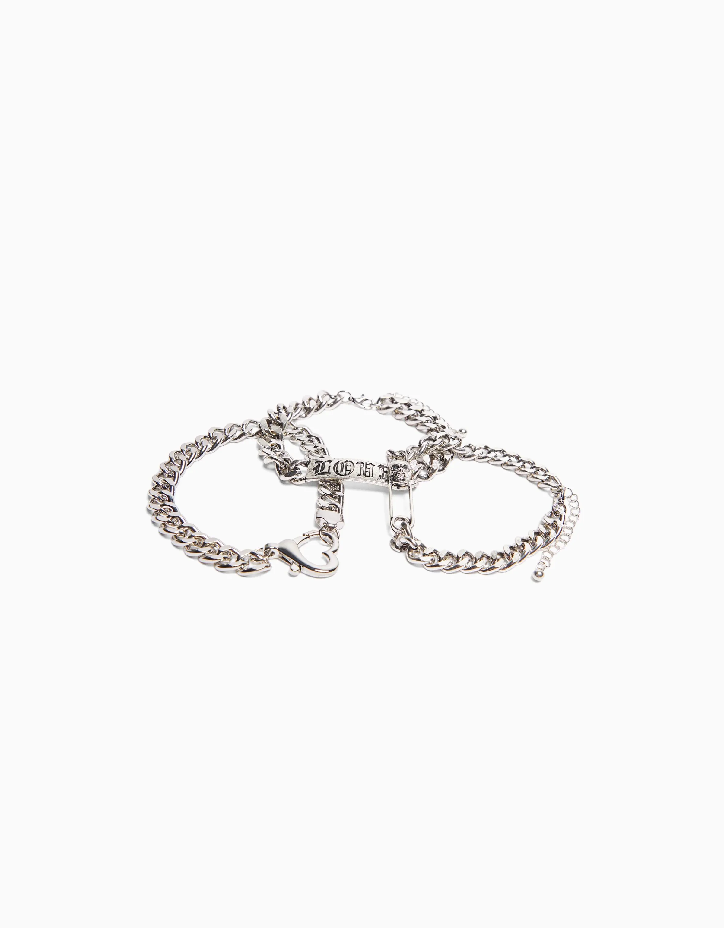 BERSHKA Set 3 pulseras cadenas Plata Best Sale