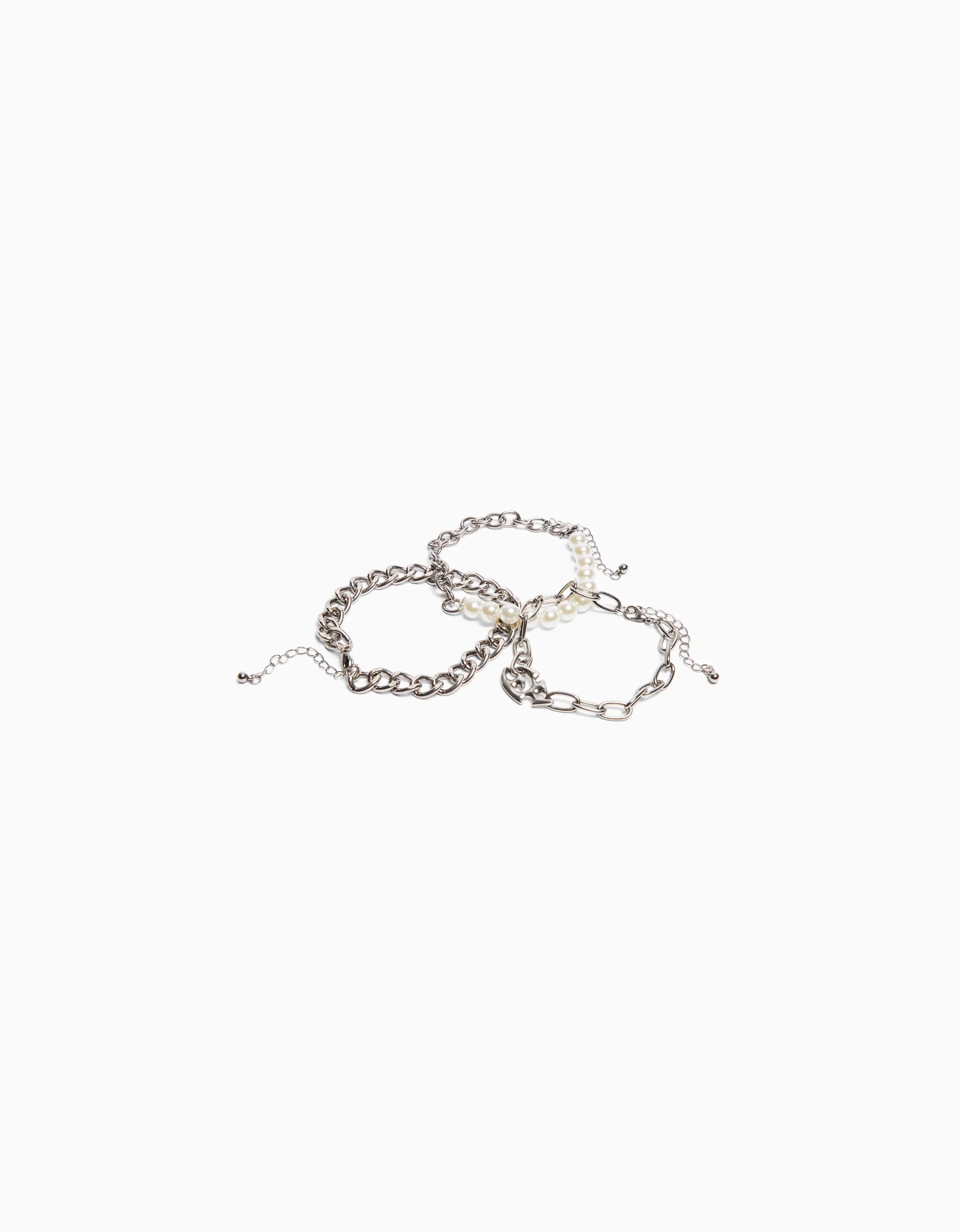 BERSHKA Set 3 pulseras perlas cadenas Plata Fashion