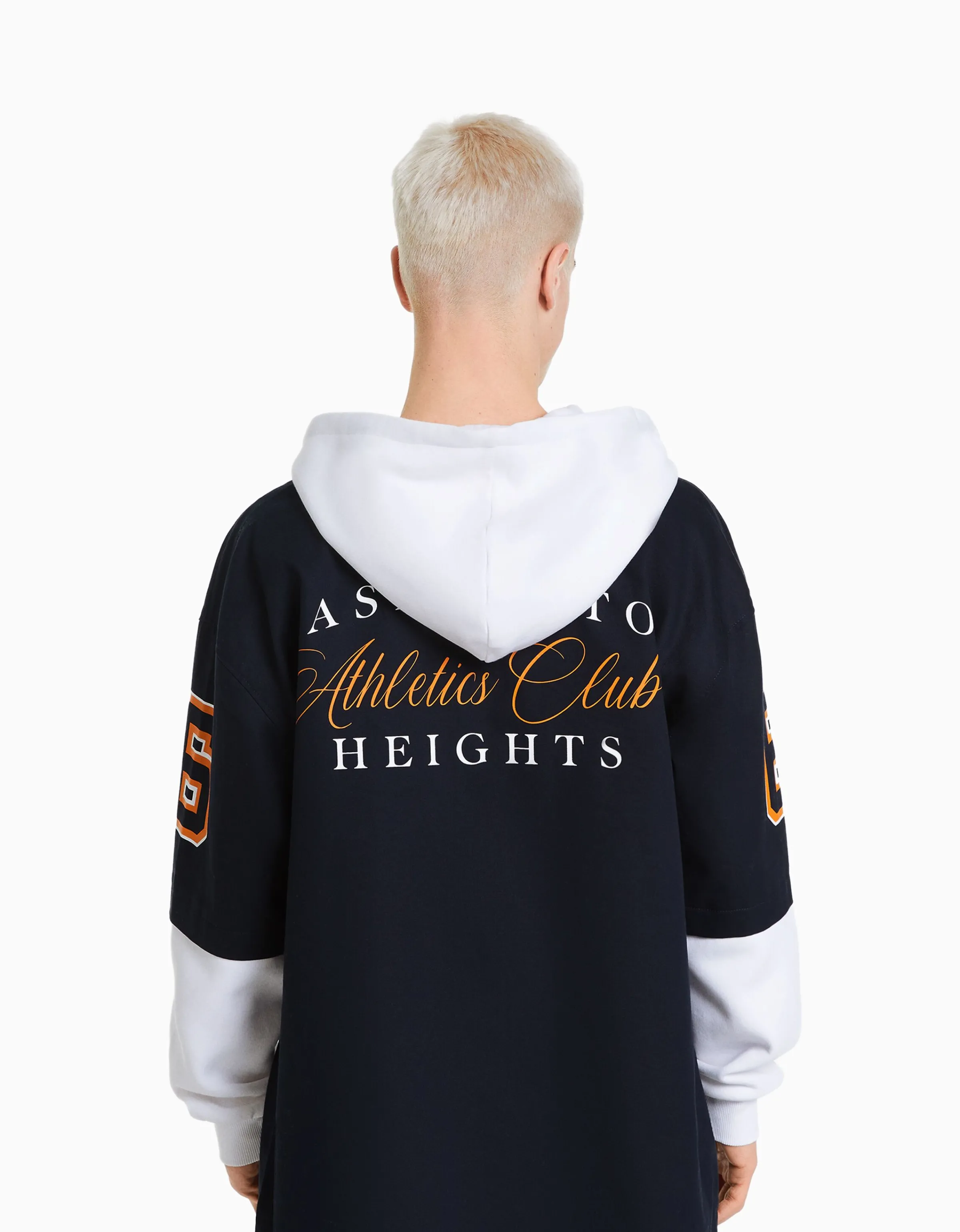 BERSHKA Sobrecamisa manga larga capucha felpa varsity Marino Sale