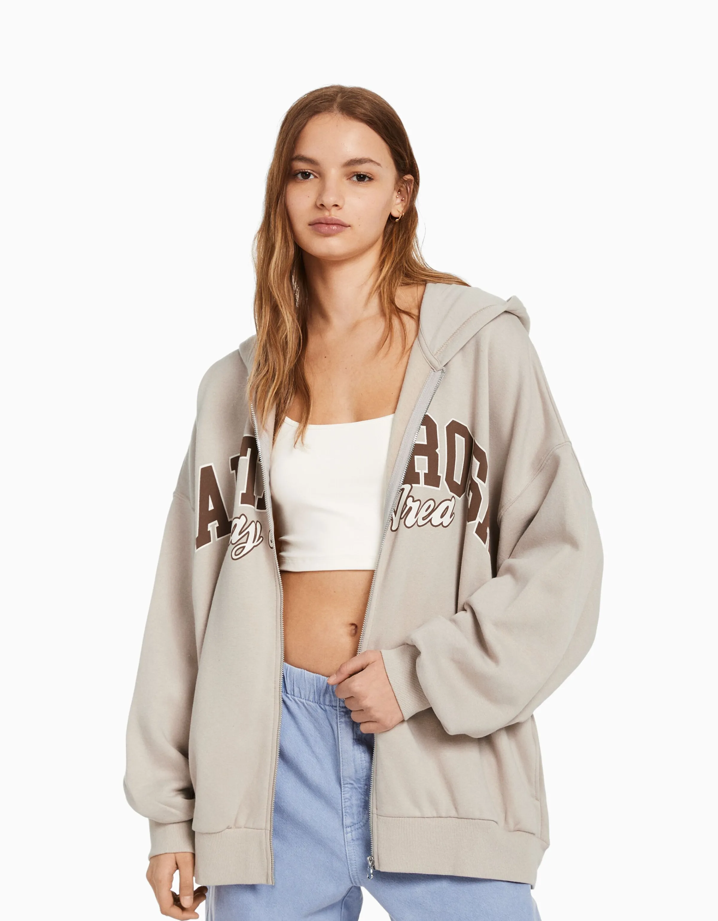 BERSHKA Sudadera capucha cremallera print varsity Marino Sale