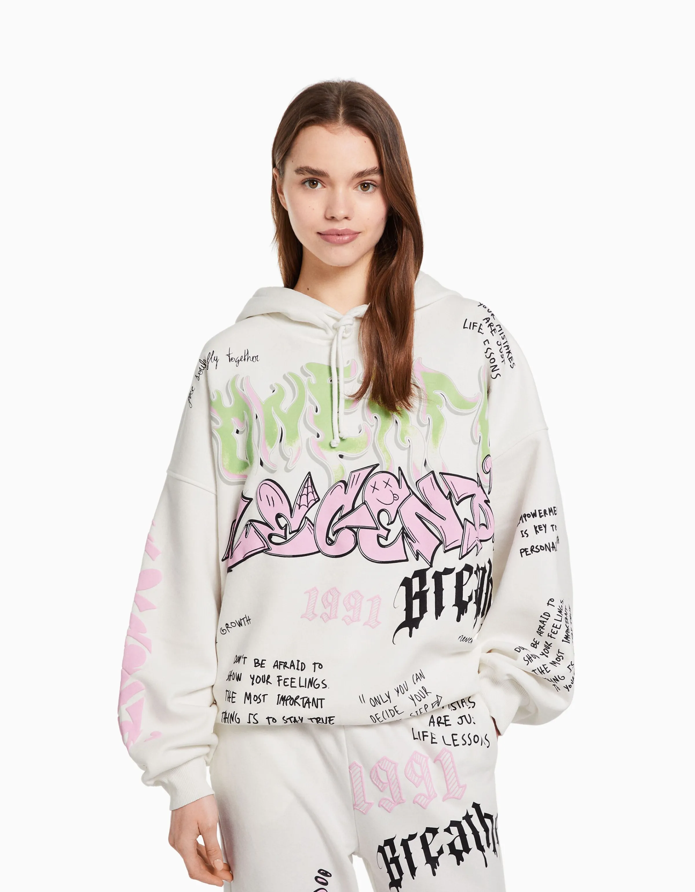 BERSHKA Sudadera capucha print Blanco roto Best Sale